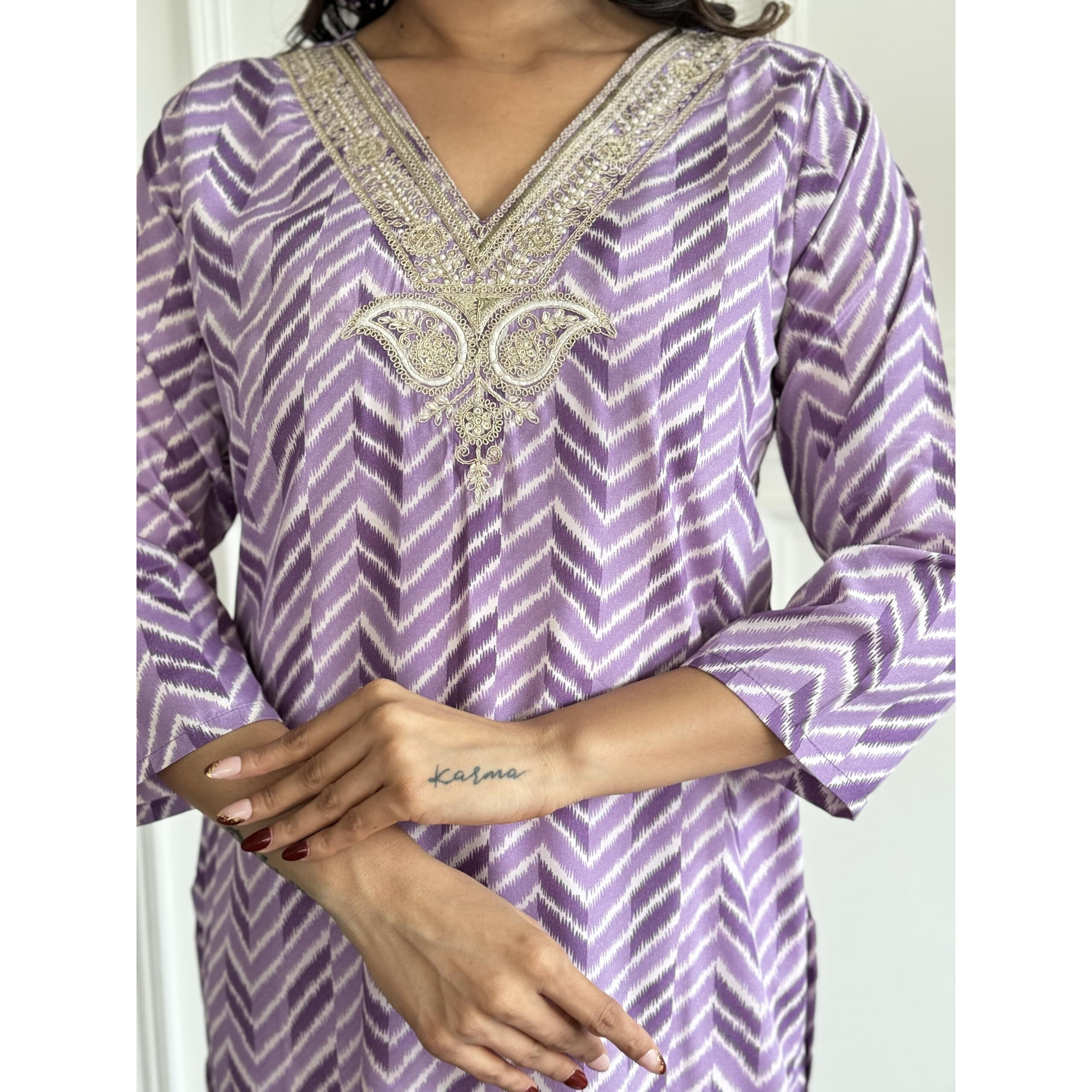 Navlik Women's Purple French Crepe Embroidered and Printed Straight Kurta with Chanderi Pant and Pure Organza Embroidered Dupatta Sets (NK-SC-Vrutika)