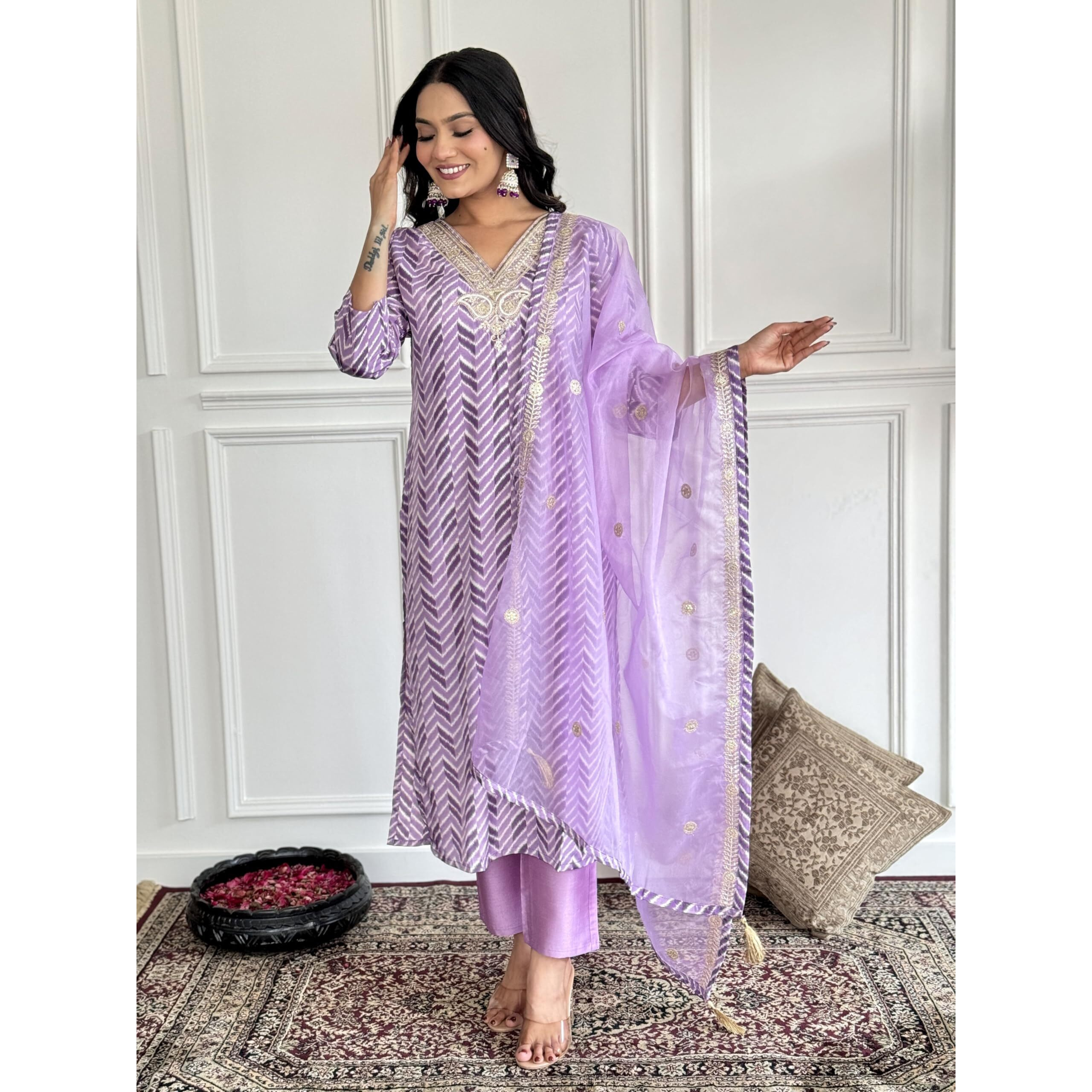 Navlik Women's Purple French Crepe Embroidered and Printed Straight Kurta with Chanderi Pant and Pure Organza Embroidered Dupatta Sets (NK-SC-Vrutika)