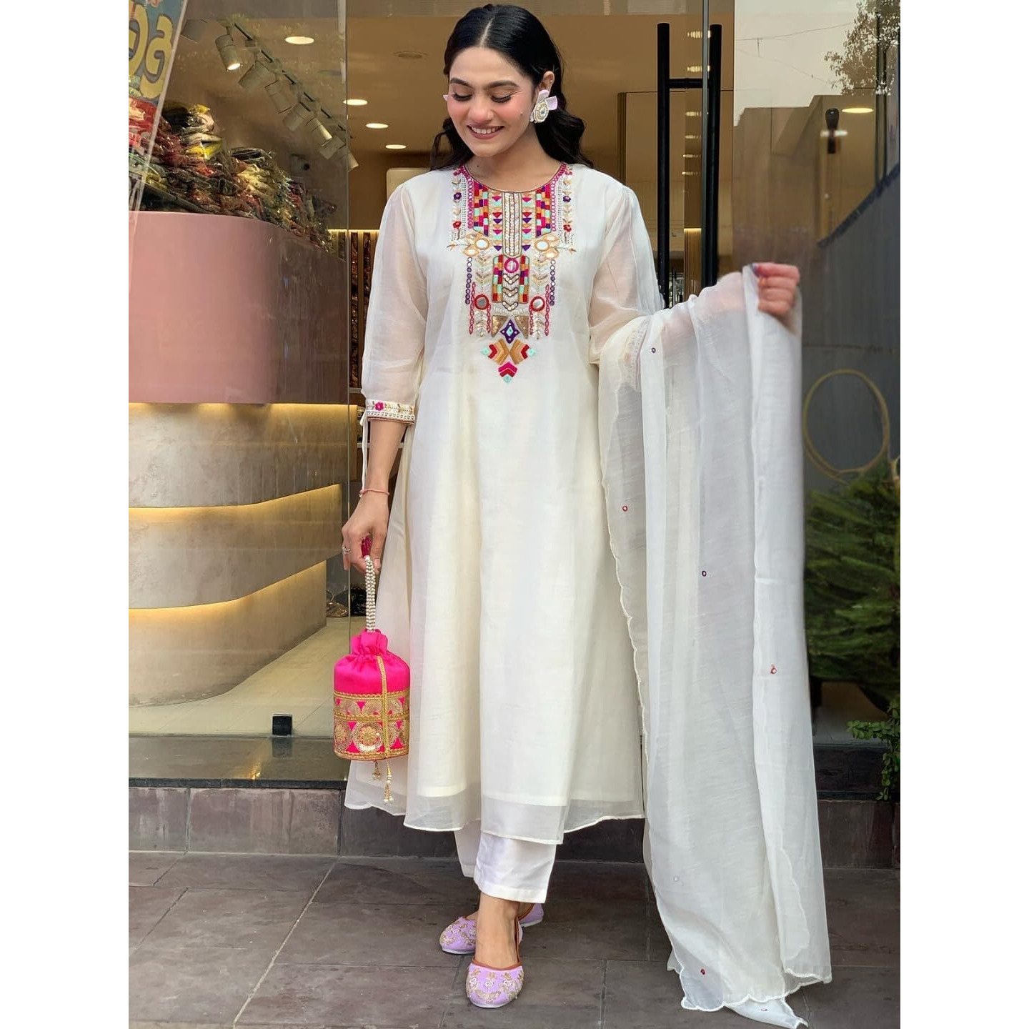 Navlik Women's Chanderi Silk Embroidered A-Line Kurta with Pant And Dupatta Sets (SC-Yamini)