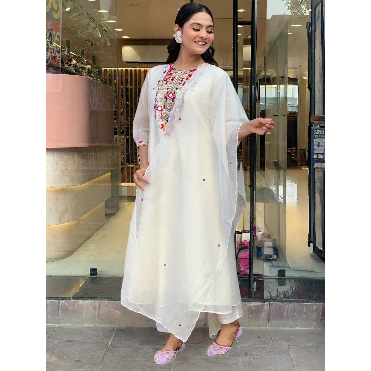 Navlik Women's Chanderi Silk Embroidered A-Line Kurta with Pant And Dupatta Sets (SC-Yamini)