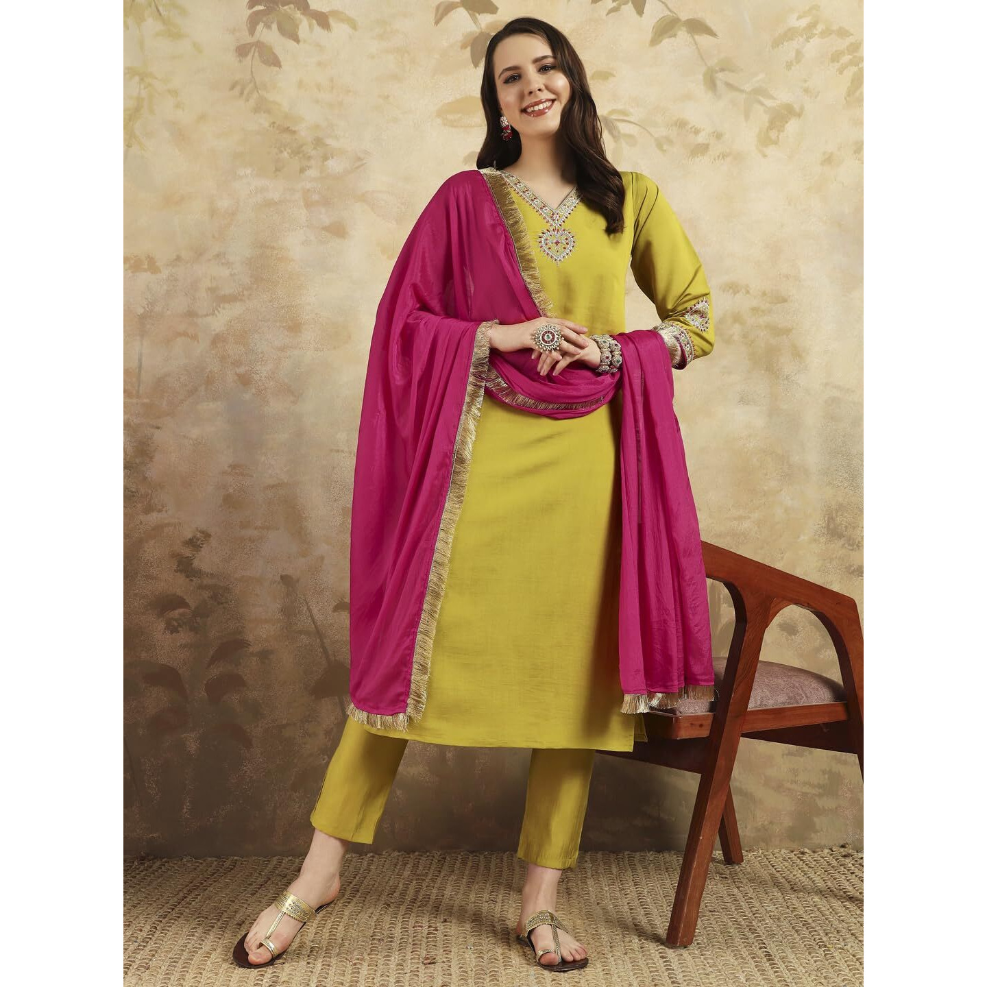 Navlik Women's Lemon Yellow Chanderi Silk Embroidered Straight Kurta with Chanderi Silk Pant and Chinon Laced Dupatta Sets (NK-SC-Zilmil)