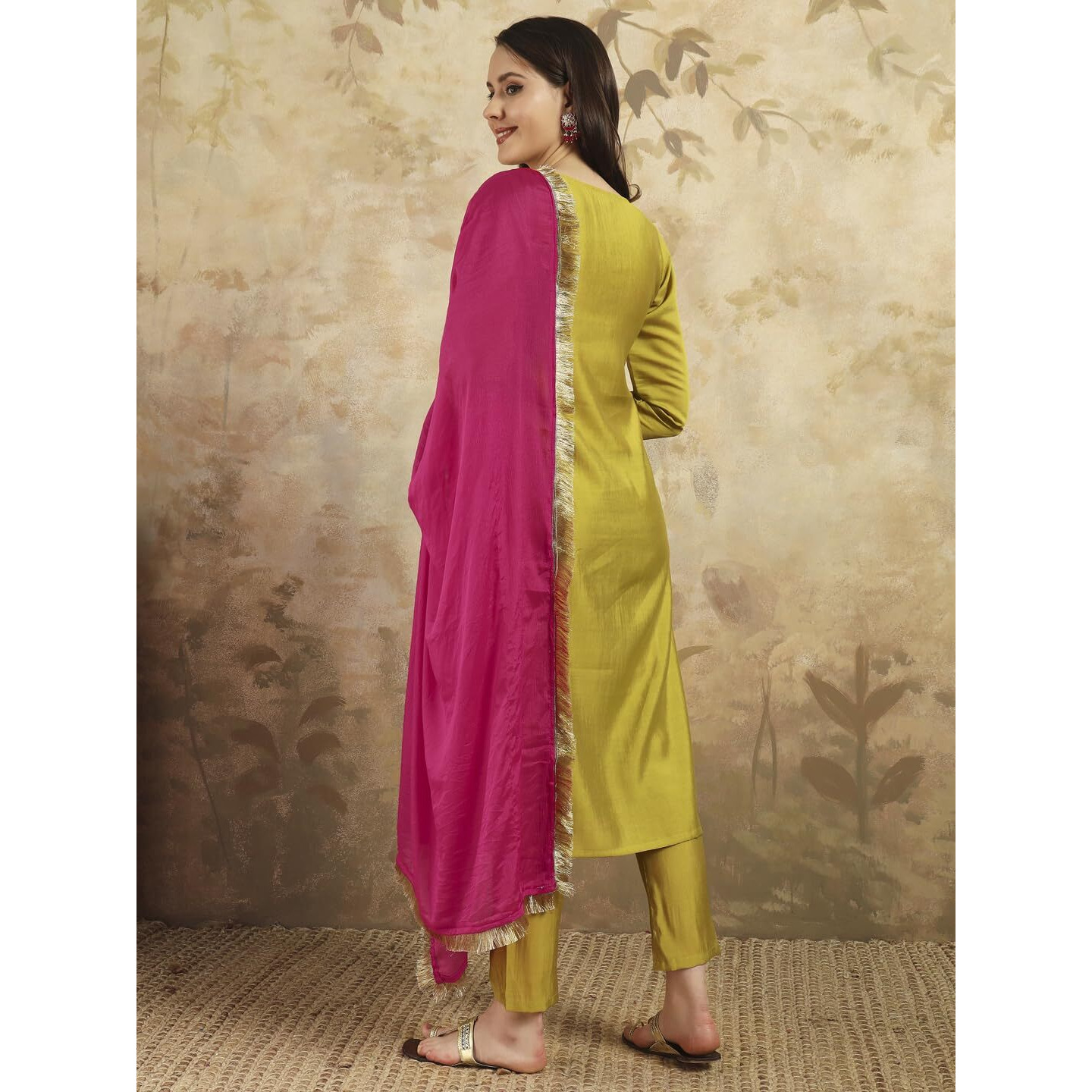 Navlik Women's Lemon Yellow Chanderi Silk Embroidered Straight Kurta with Chanderi Silk Pant and Chinon Laced Dupatta Sets (NK-SC-Zilmil)