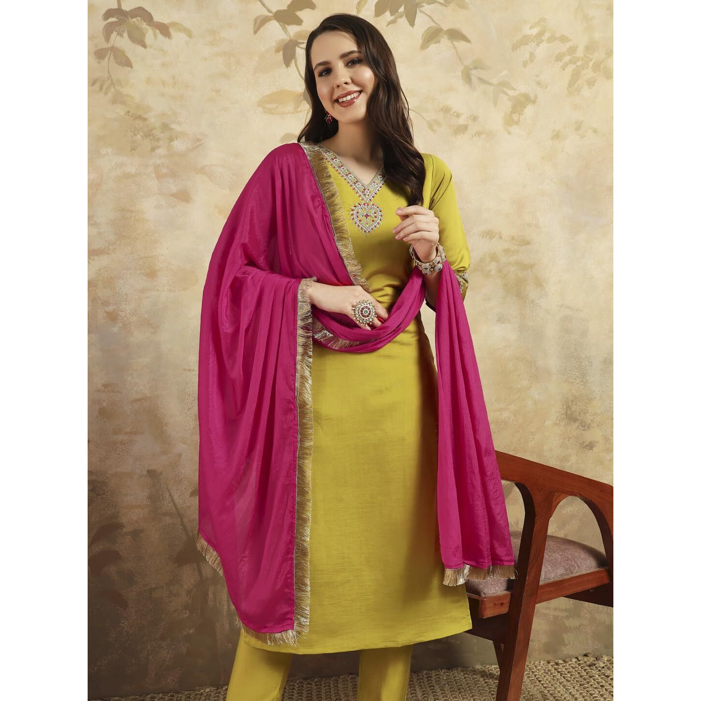 Navlik Women's Lemon Yellow Chanderi Silk Embroidered Straight Kurta with Chanderi Silk Pant and Chinon Laced Dupatta Sets (NK-SC-Zilmil)