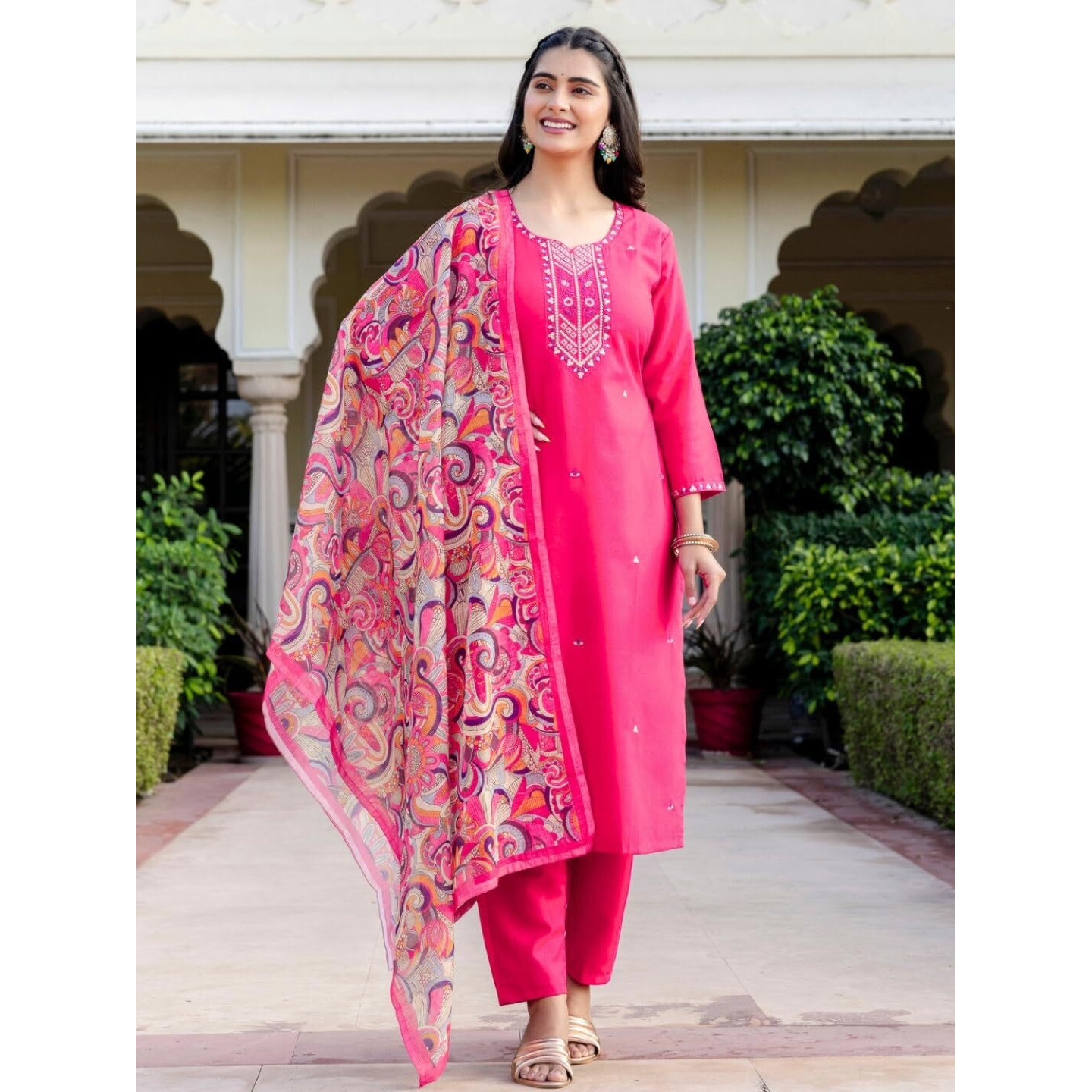 Navlik Women's Rayon Embroidered Straight Kurta with Pant and Dupatta Sets (S-Diva)