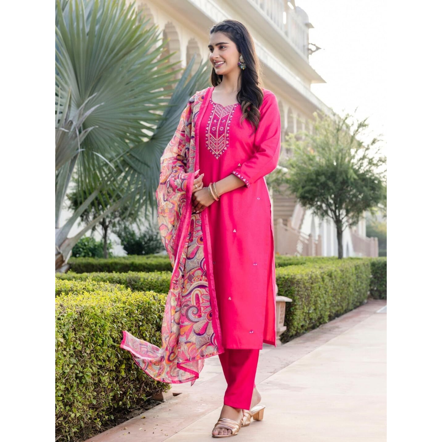 Navlik Women's Rayon Embroidered Straight Kurta with Pant and Dupatta Sets (S-Diva)