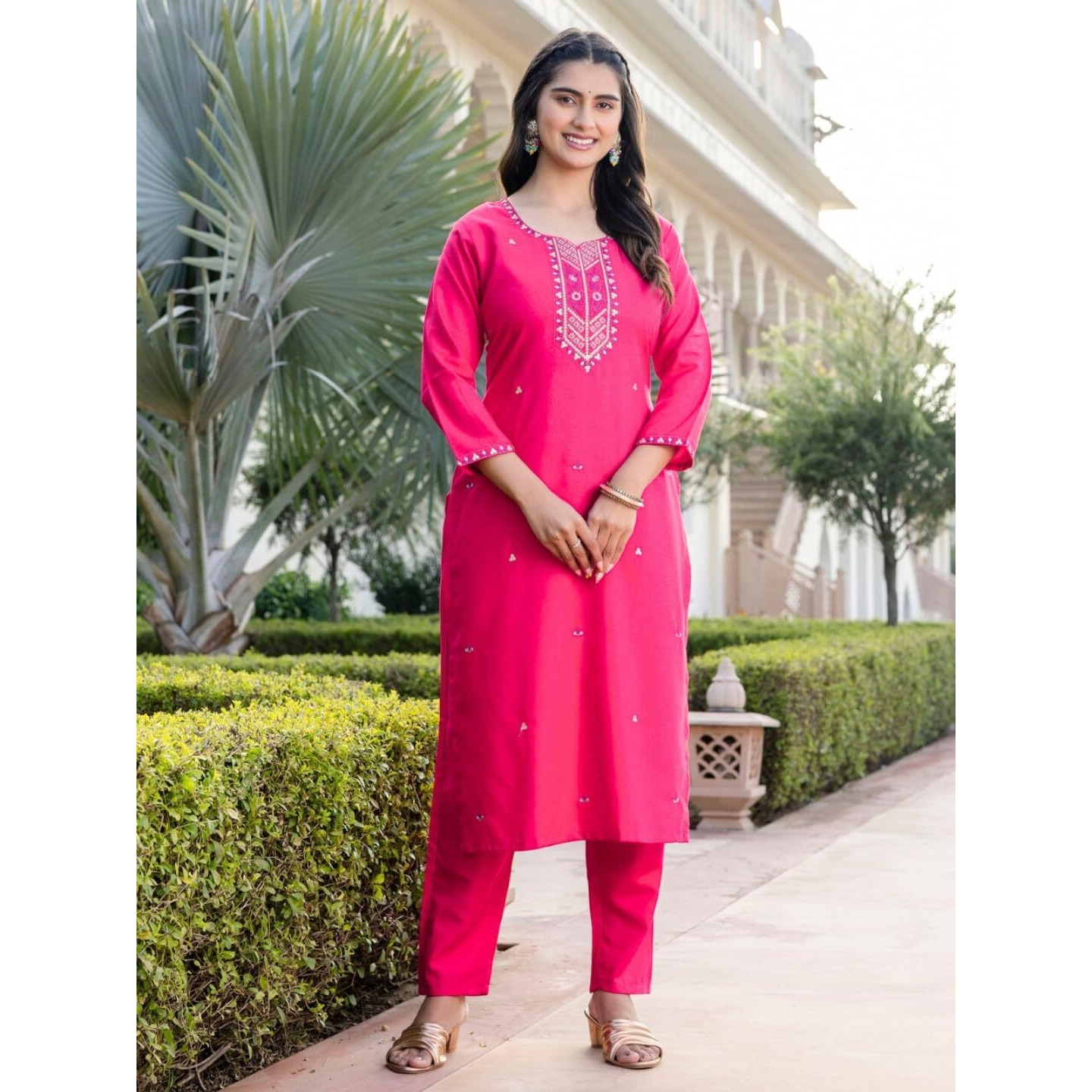 Navlik Women's Rayon Embroidered Straight Kurta with Pant and Dupatta Sets (S-Diva)