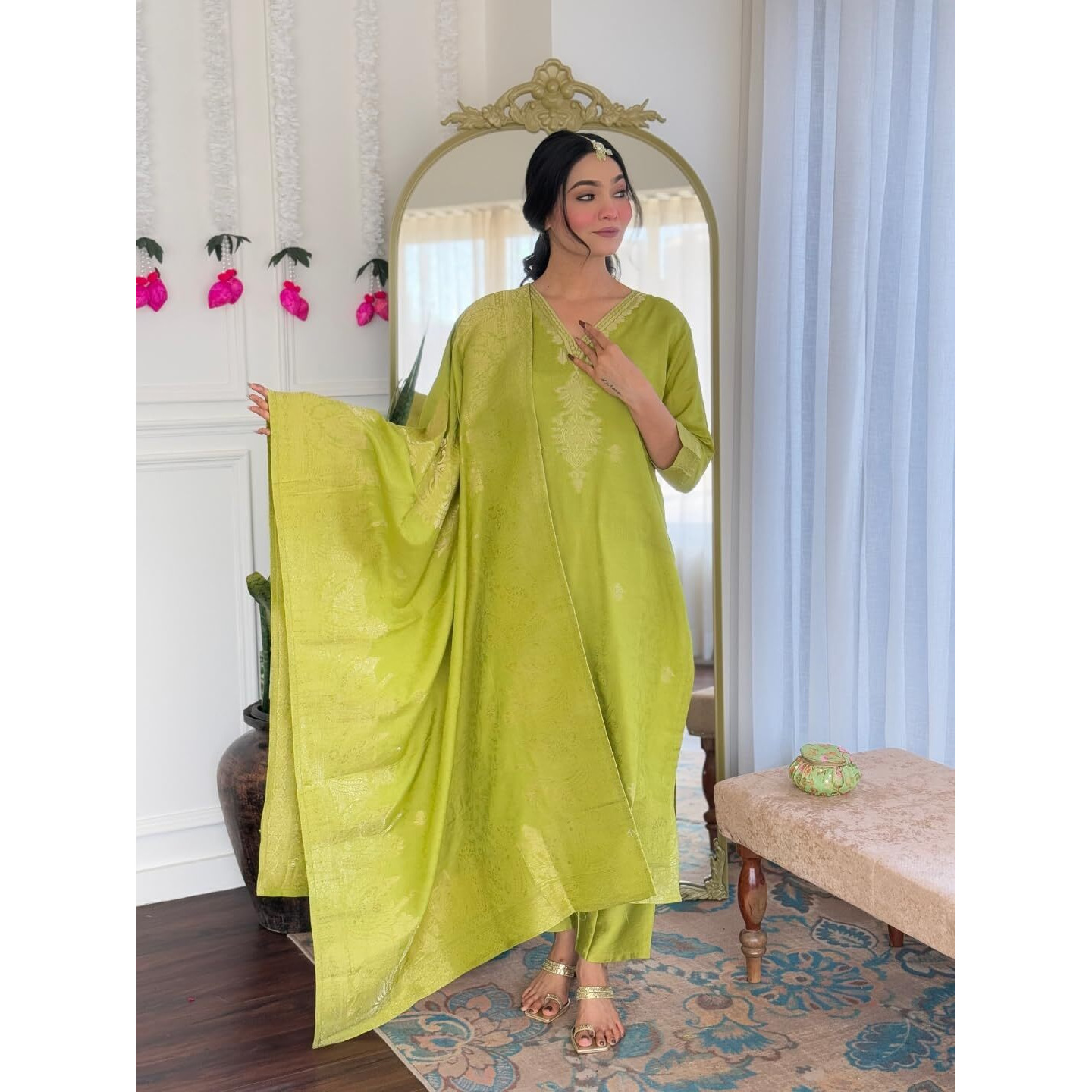 Navlik Women's Jacquard Viscose Embroidered Straight Kurta with Pant and Dupatta Sets (NK-S-Divya)
