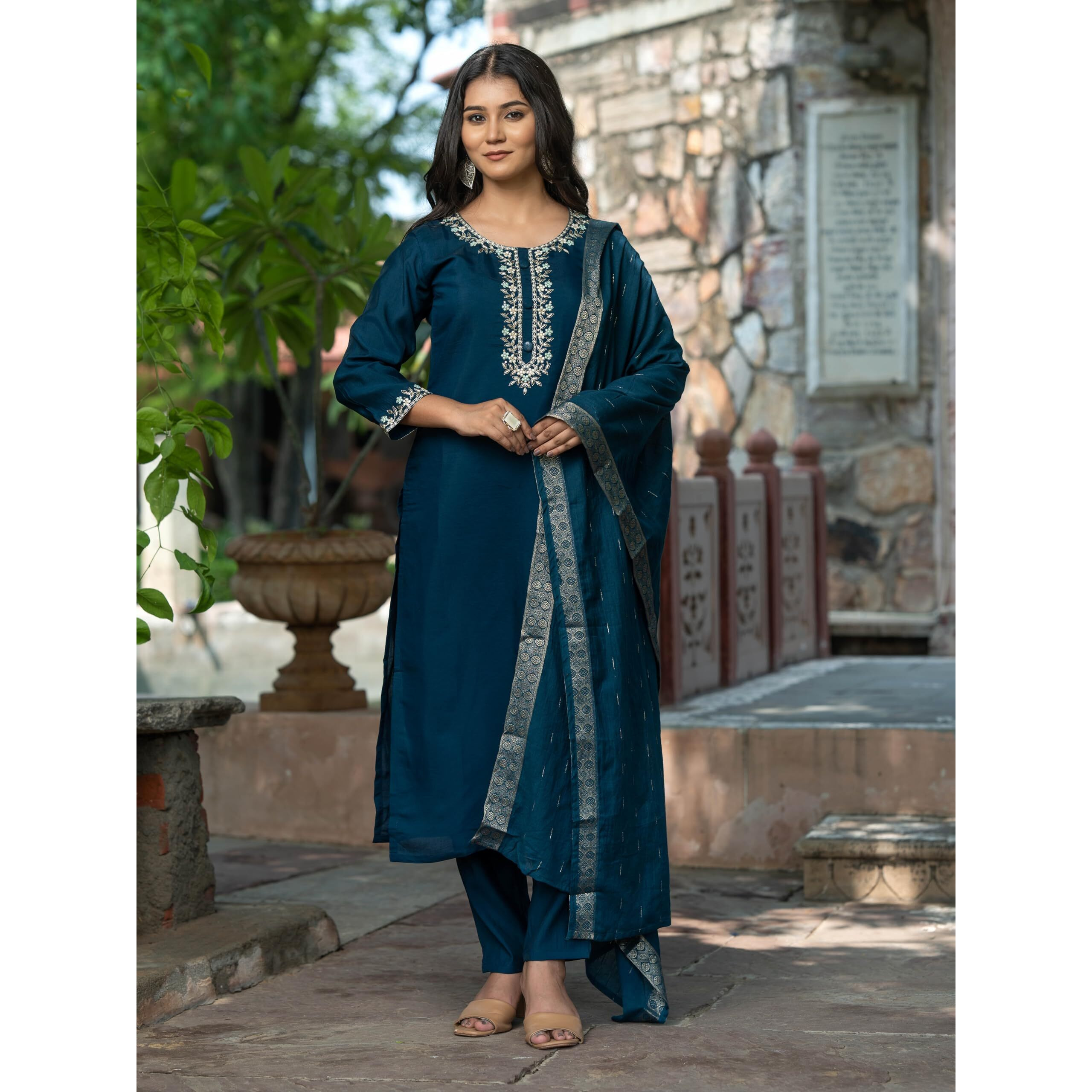 Navlik Women's Chanderi Viscose Embroidered Straight Kurta with Pant And Dupatta Sets (S-Emily)
