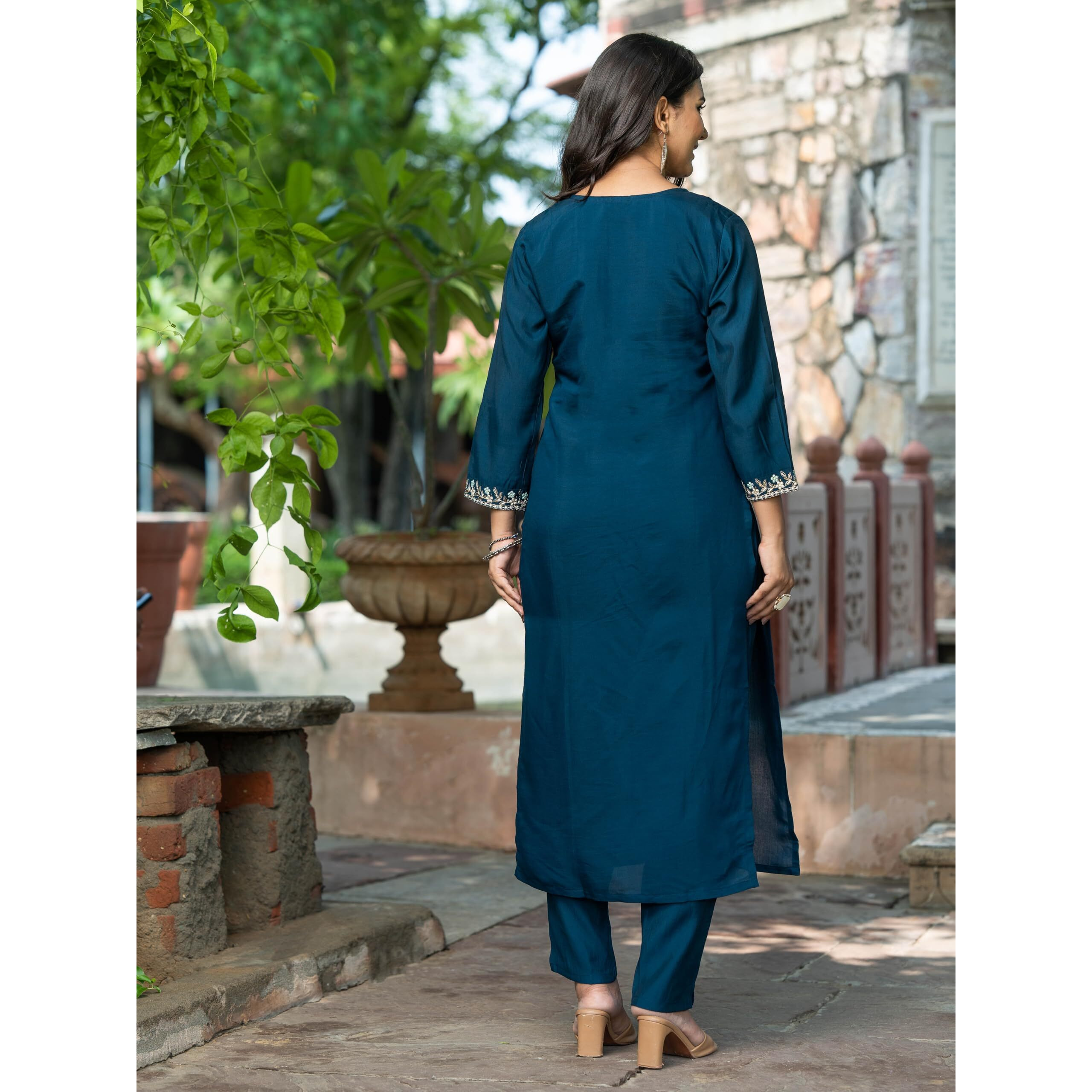Navlik Women's Chanderi Viscose Embroidered Straight Kurta with Pant And Dupatta Sets (S-Emily)