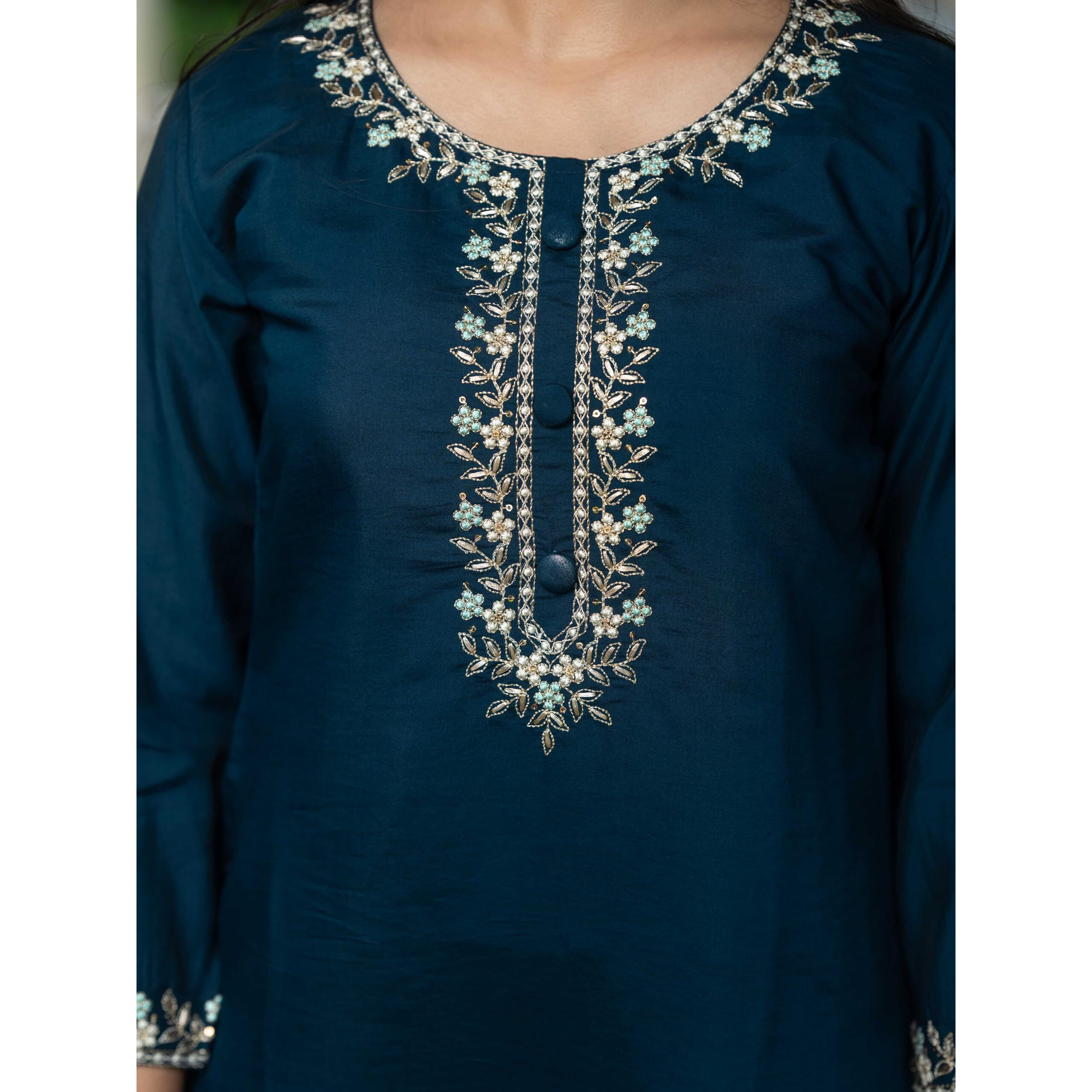 Navlik Women's Chanderi Viscose Embroidered Straight Kurta with Pant And Dupatta Sets (S-Emily)