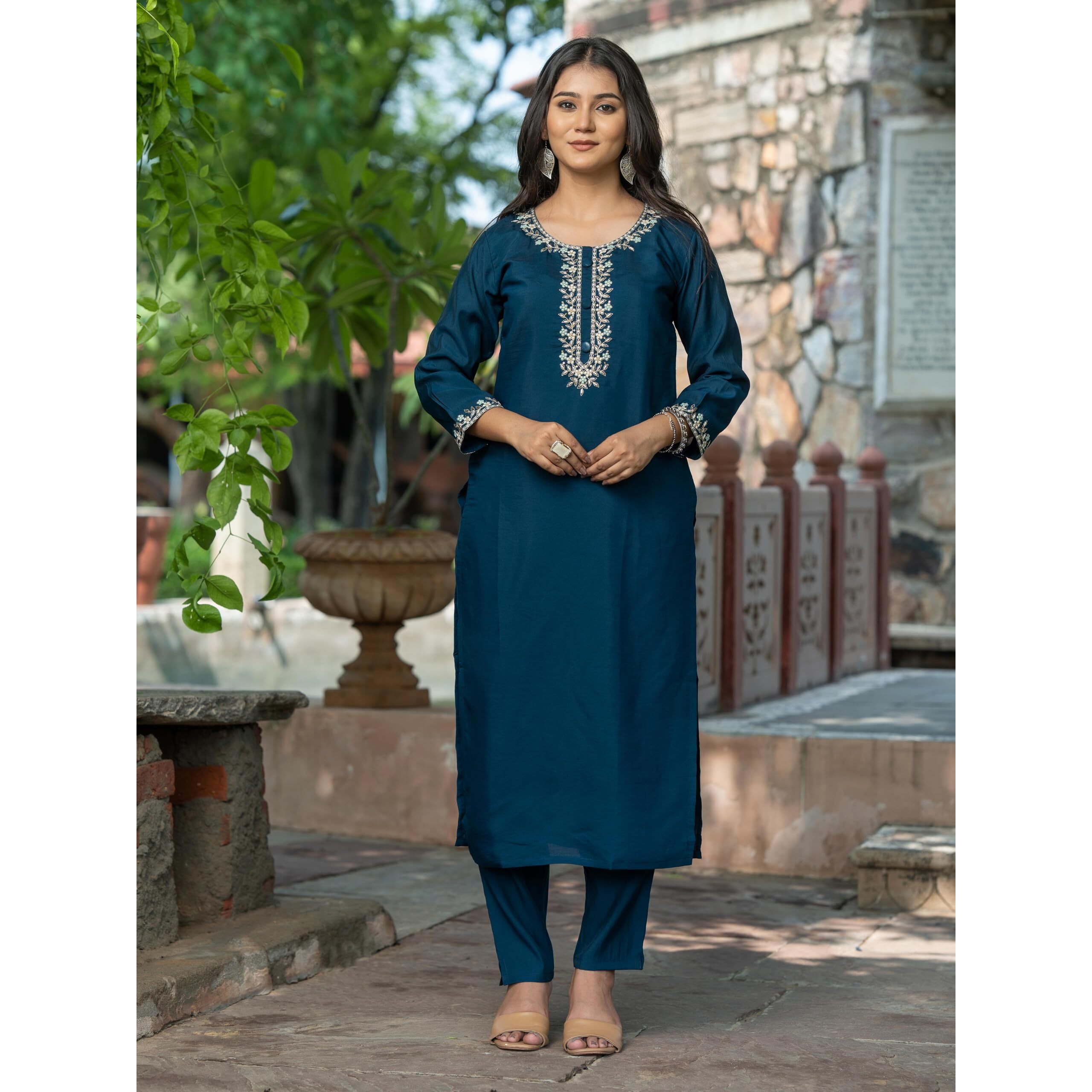 Navlik Women's Chanderi Viscose Embroidered Straight Kurta with Pant And Dupatta Sets (S-Emily)