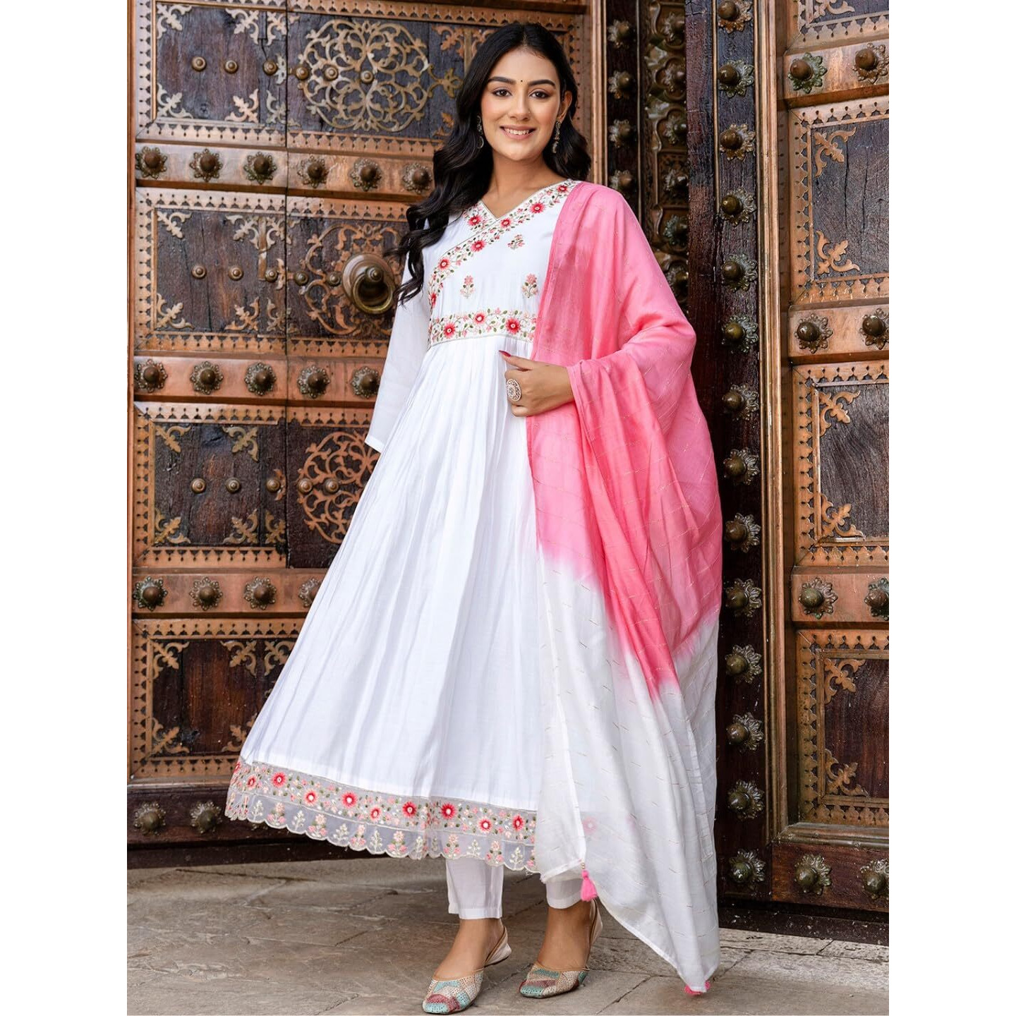 Navlik Women's Chanderi Viscose Embroidered Straight Kurta with Pant and Dupatta Sets (S-Falguni)