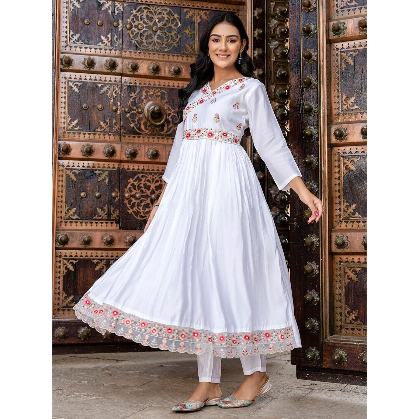 Navlik Women's Chanderi Viscose Embroidered Straight Kurta with Pant and Dupatta Sets (S-Falguni)
