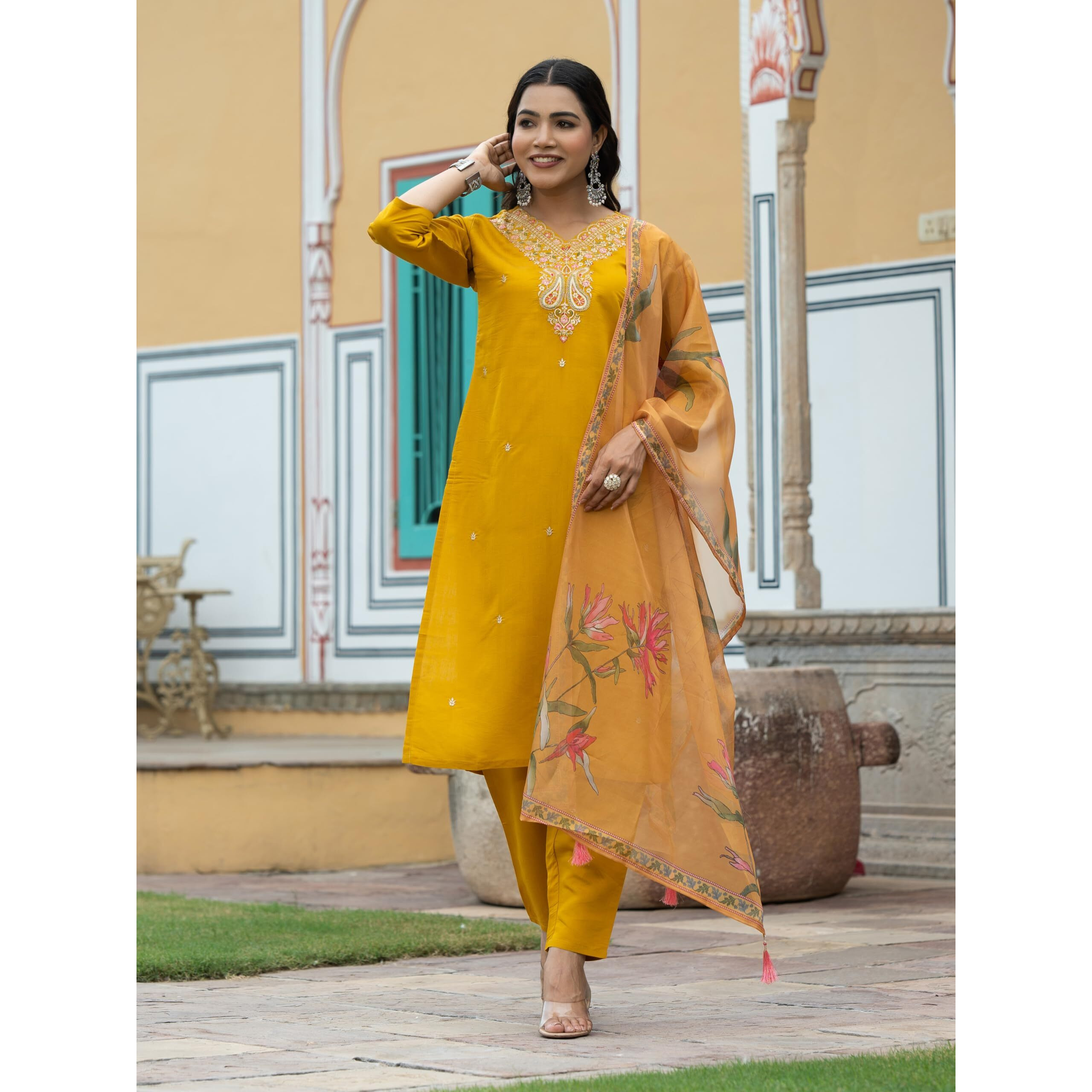 Navlik Women's Viscose Silk Embroidered Straight Kurta with Pant and Dupatta Sets (S-Gauri)