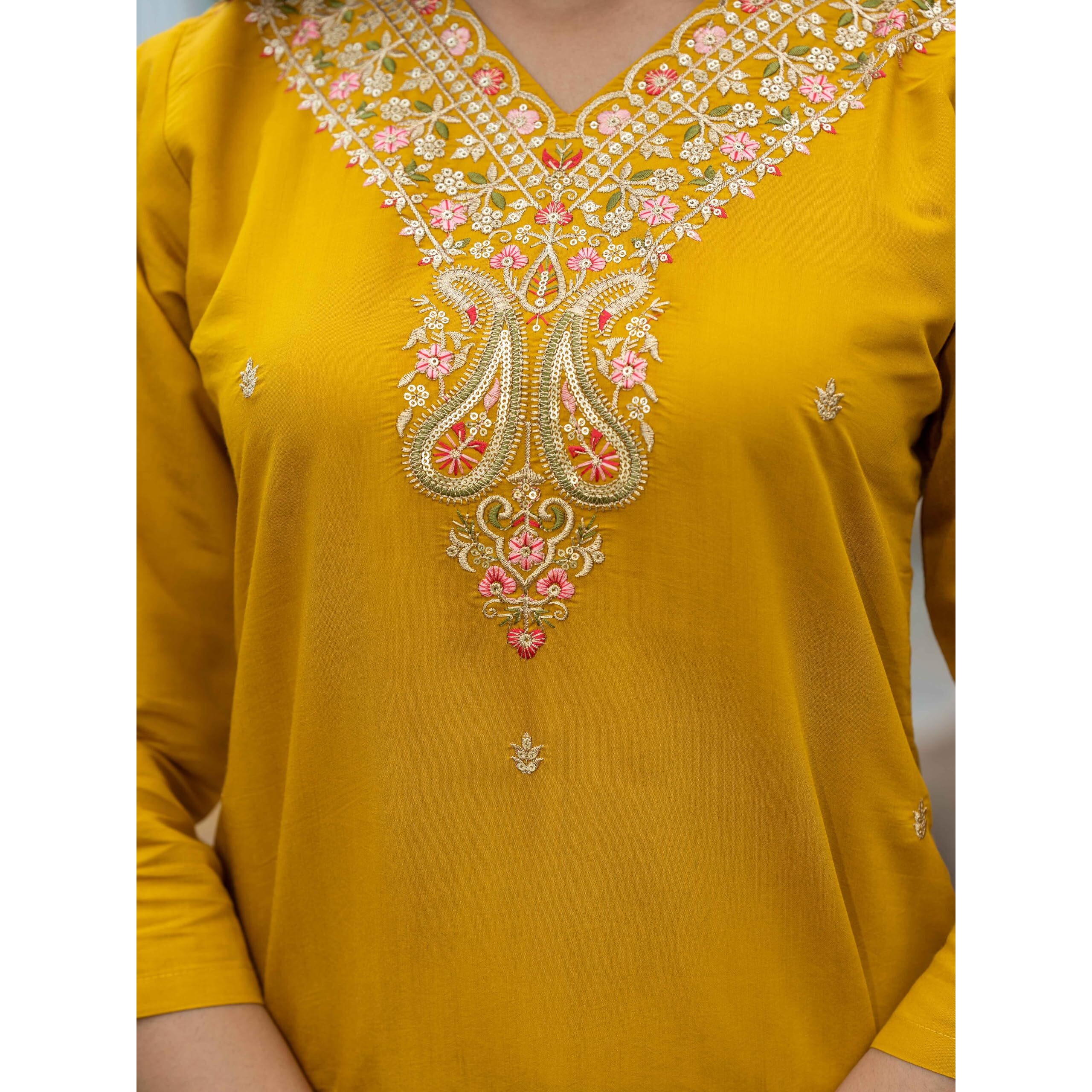 Navlik Women's Viscose Silk Embroidered Straight Kurta with Pant and Dupatta Sets (S-Gauri)