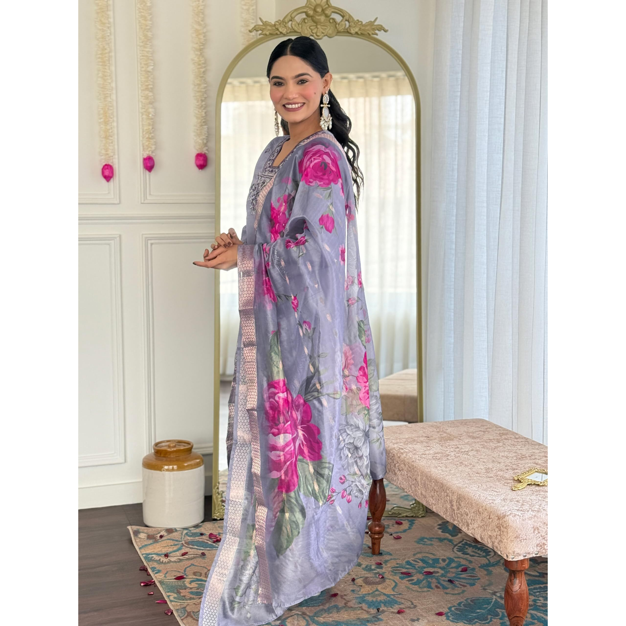 Navlik Women's Chanderi Silk Embroidered Straight Kurta with Pant And Dupatta Sets (S-Grace)