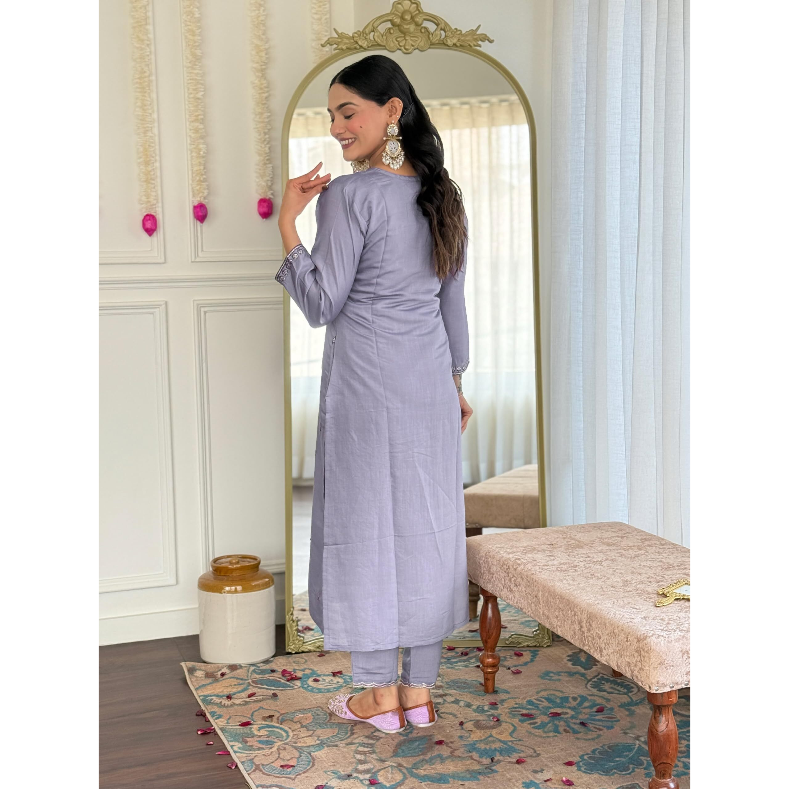 Navlik Women's Chanderi Silk Embroidered Straight Kurta with Pant And Dupatta Sets (S-Grace)