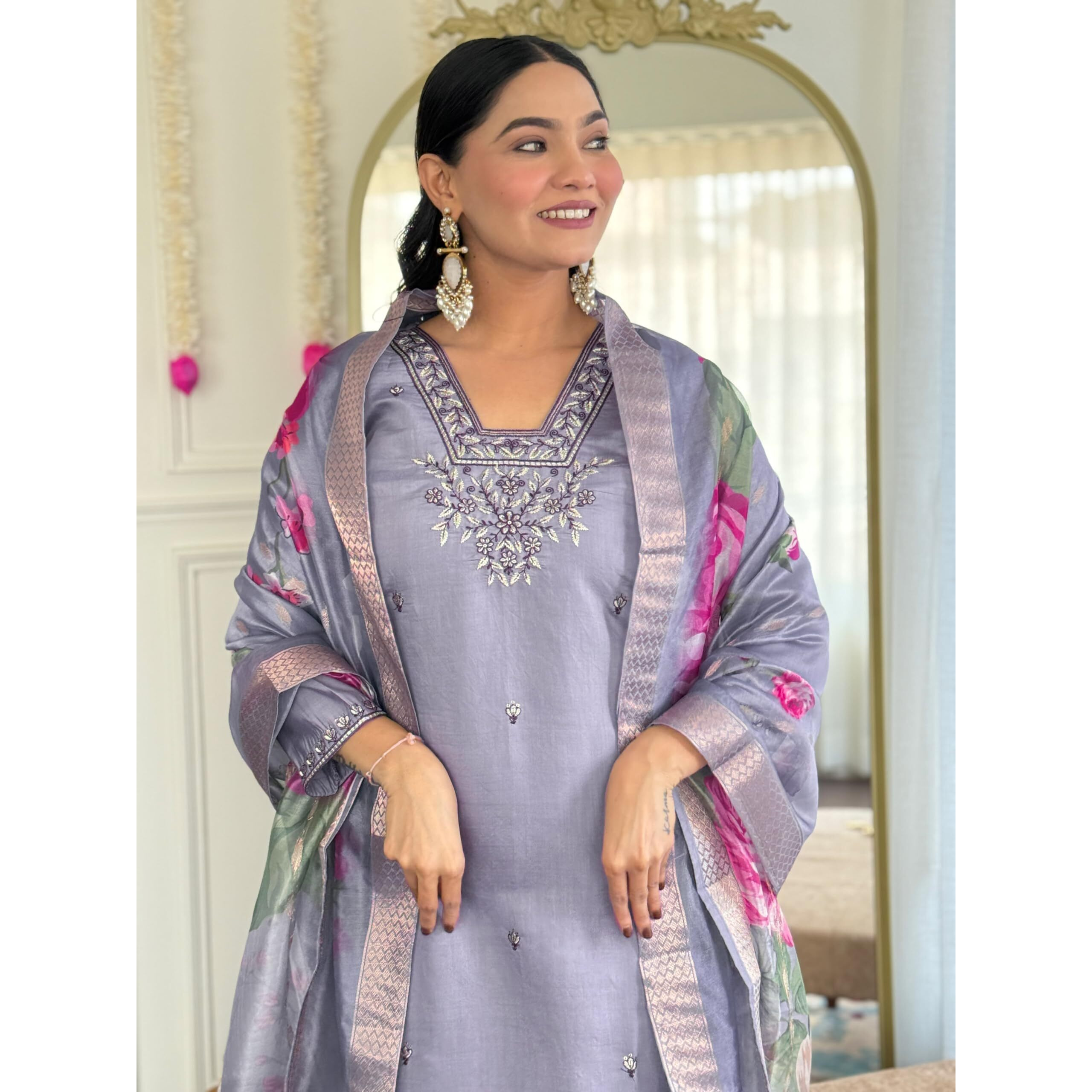 Navlik Women's Chanderi Silk Embroidered Straight Kurta with Pant And Dupatta Sets (S-Grace)