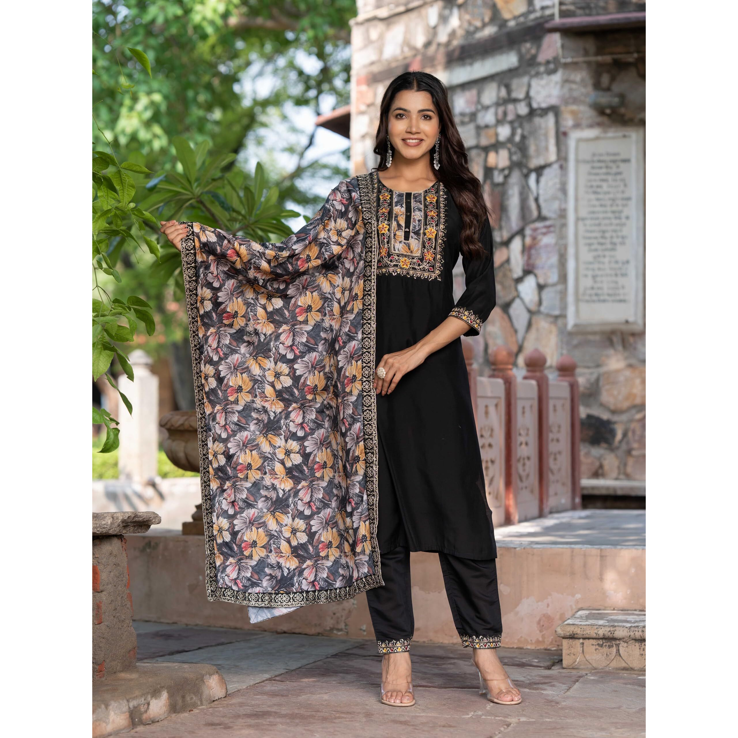 Navlik Women's Chanderi Viscose Embroidered Straight Kurta with Pant and Dupatta Sets (S-Hazel)