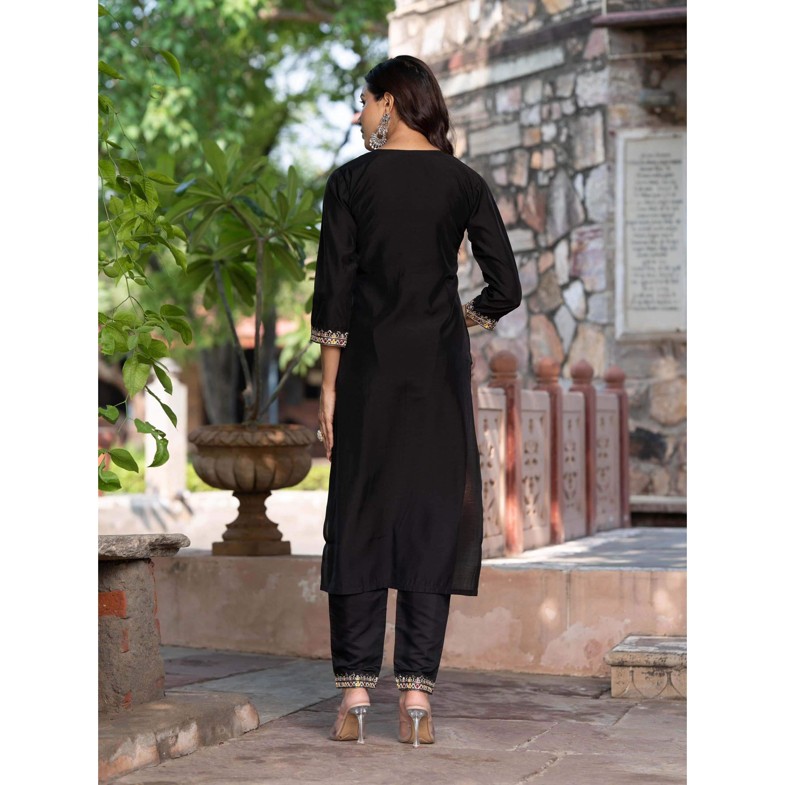 Navlik Women's Chanderi Viscose Embroidered Straight Kurta with Pant and Dupatta Sets (S-Hazel)