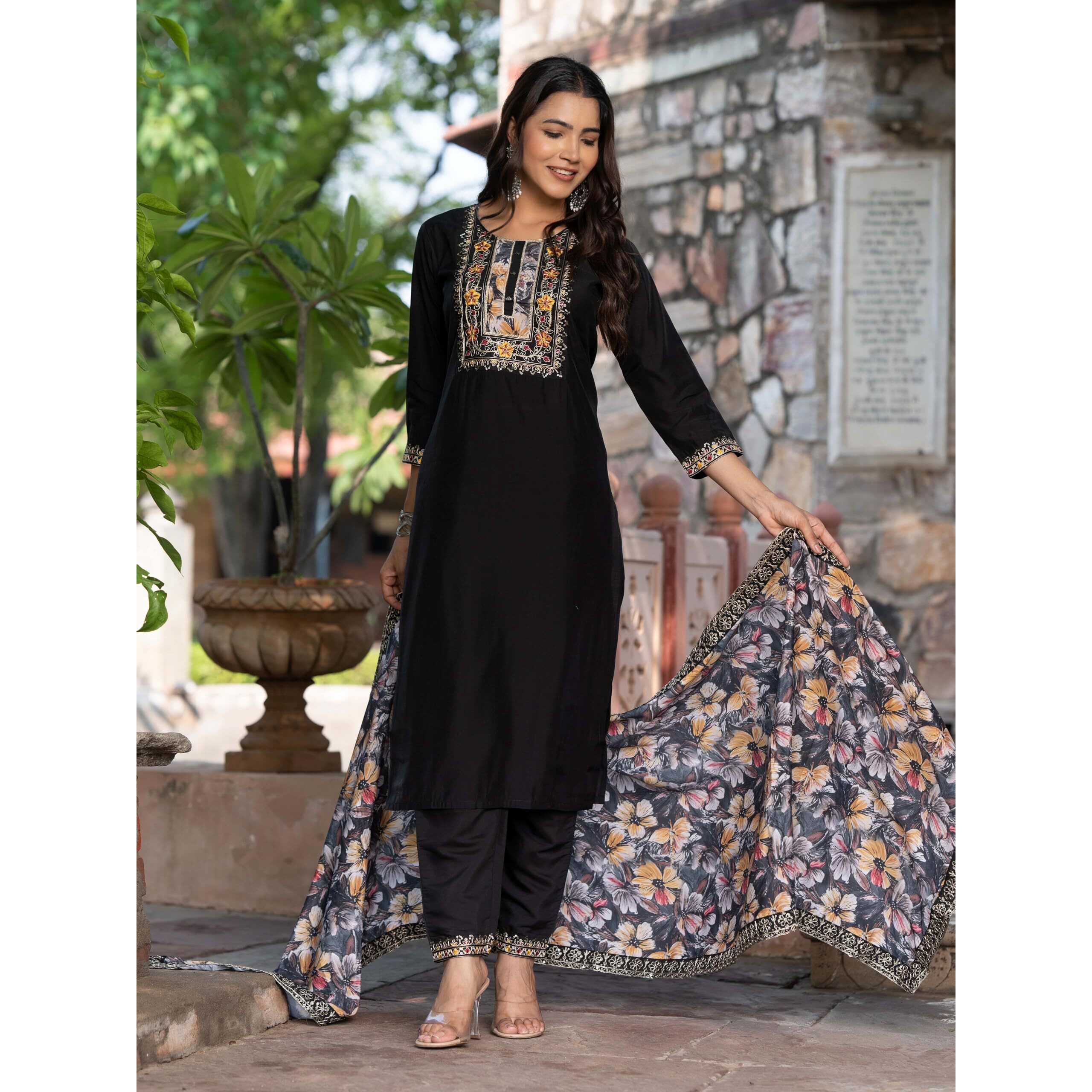 Navlik Women's Chanderi Viscose Embroidered Straight Kurta with Pant and Dupatta Sets (S-Hazel)