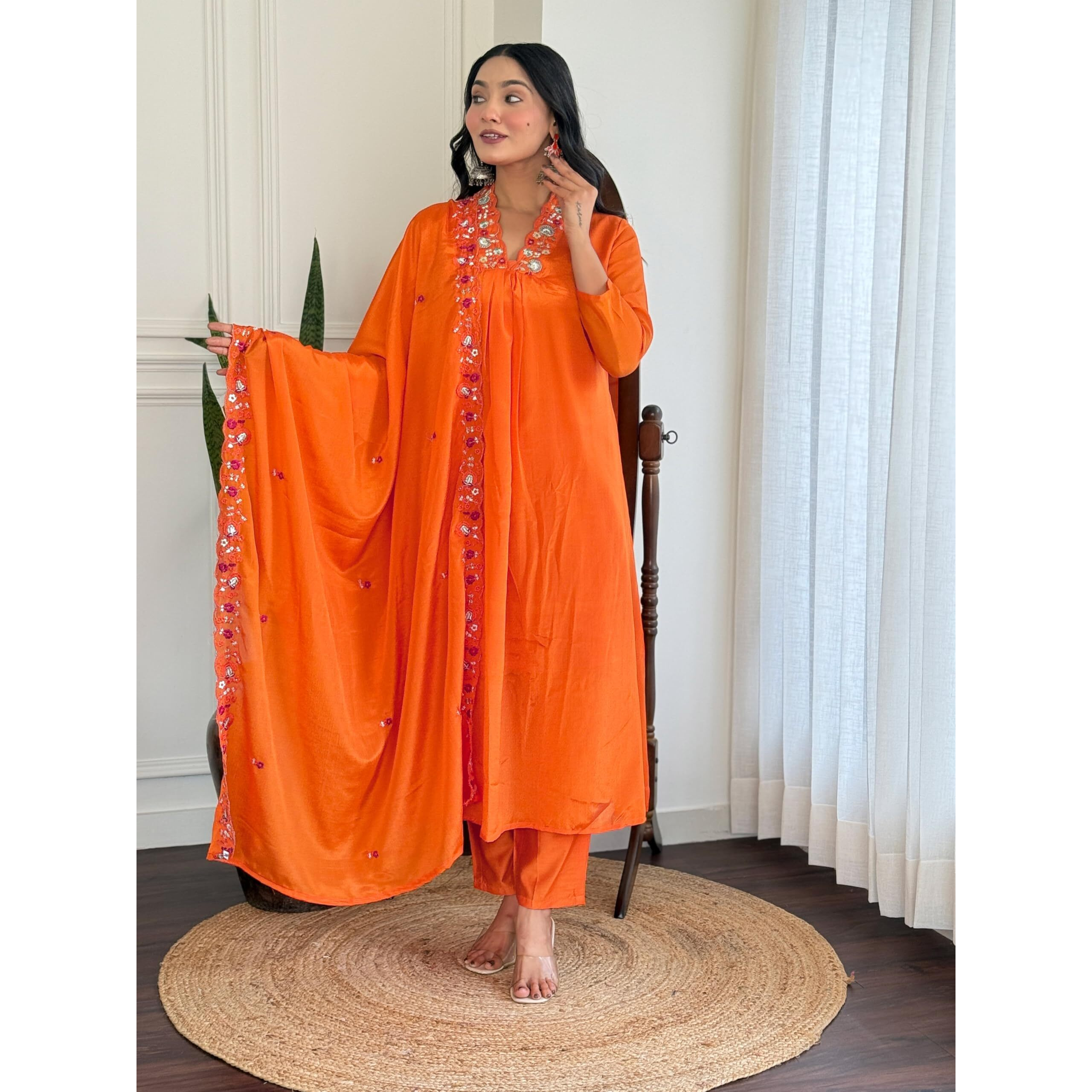 Navlik Women's Chinon Embroidered Flared Kurta with Pant And Dupatta Sets (S-Heer)