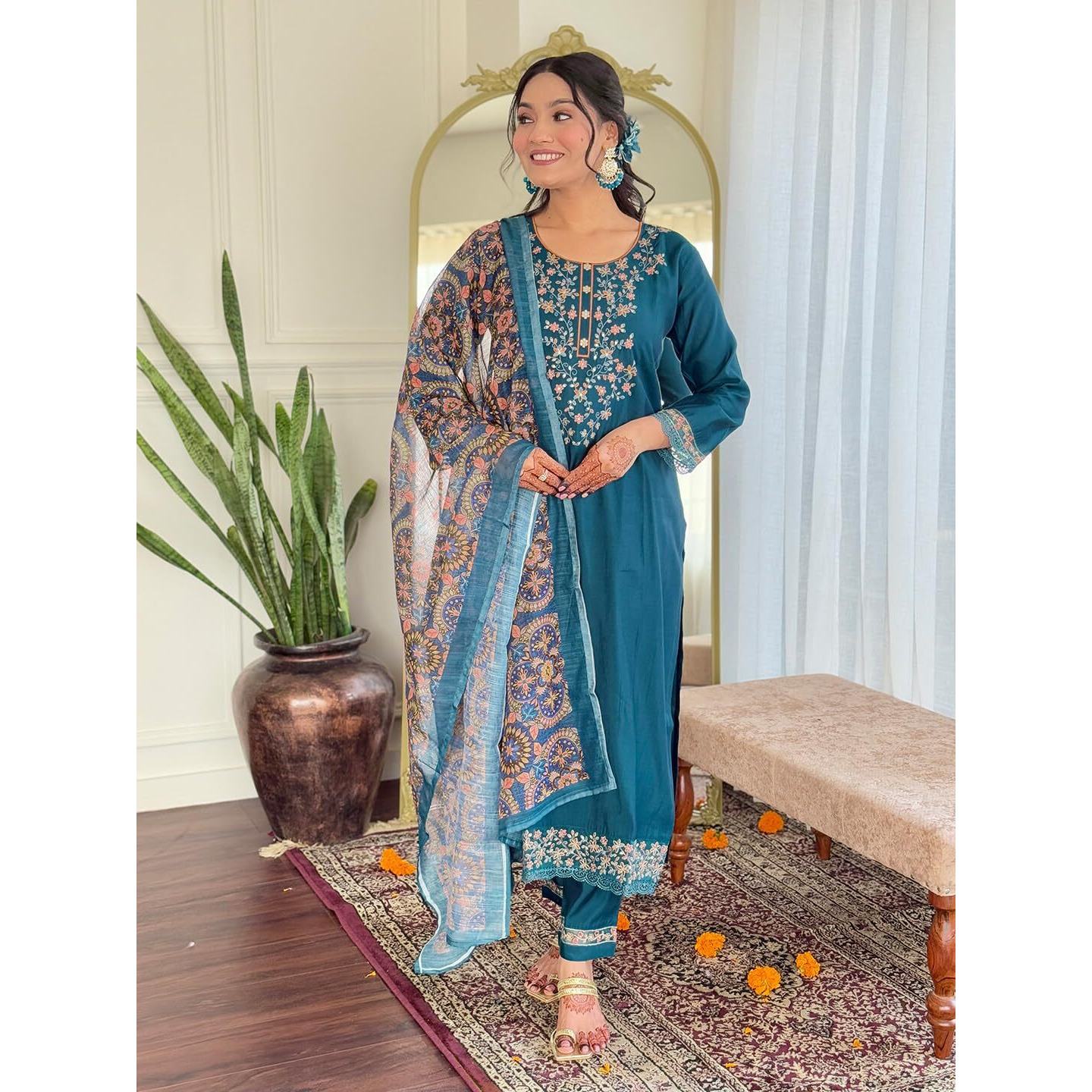 Navlik Women's Chanderi Silk Embroidered Straight Kurta Pant and Dupatta Sets (S-Isa)