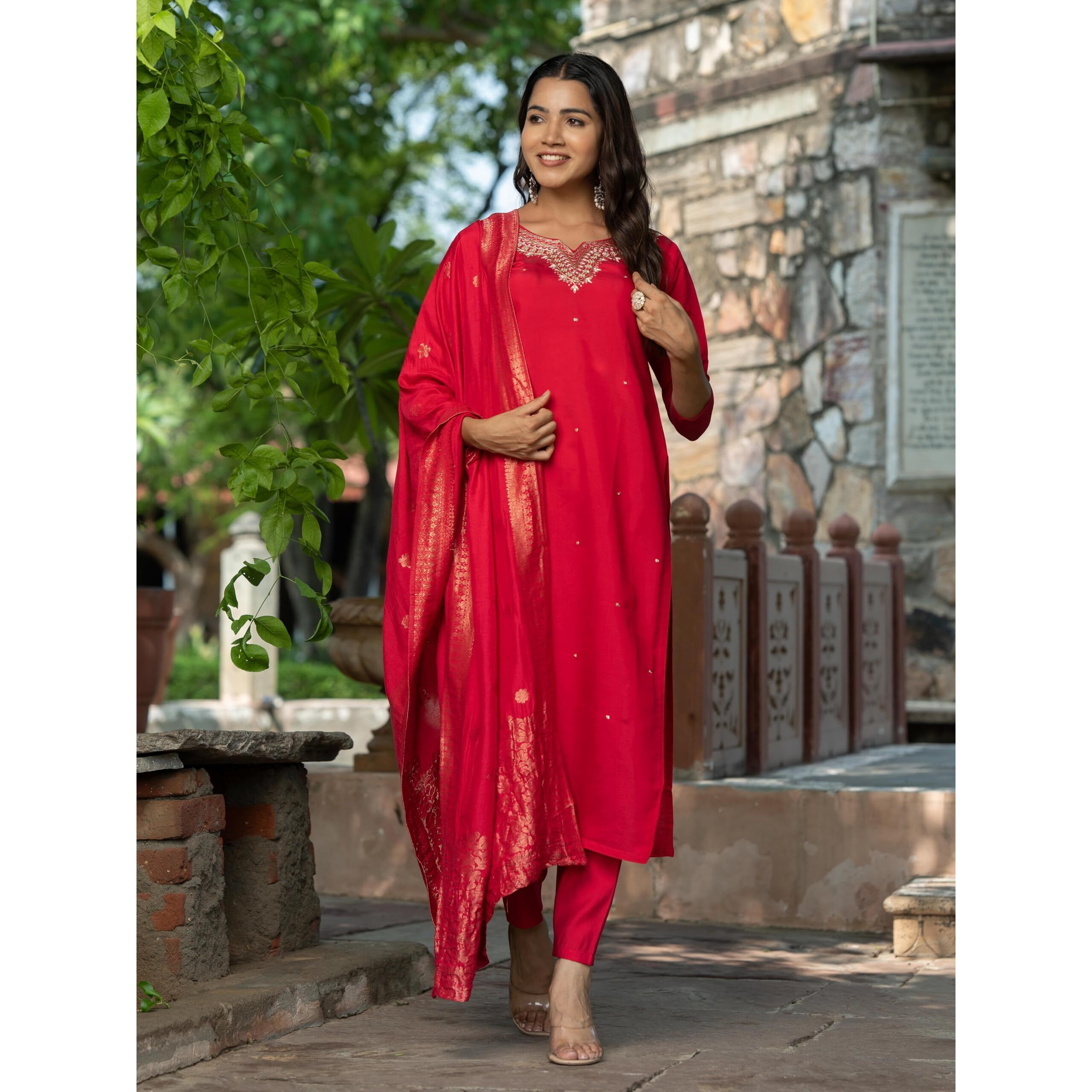 Navlik Women's Viscose Silk Embroidered Straight Kurta with Pant and Dupatta Sets (S-Ishani)