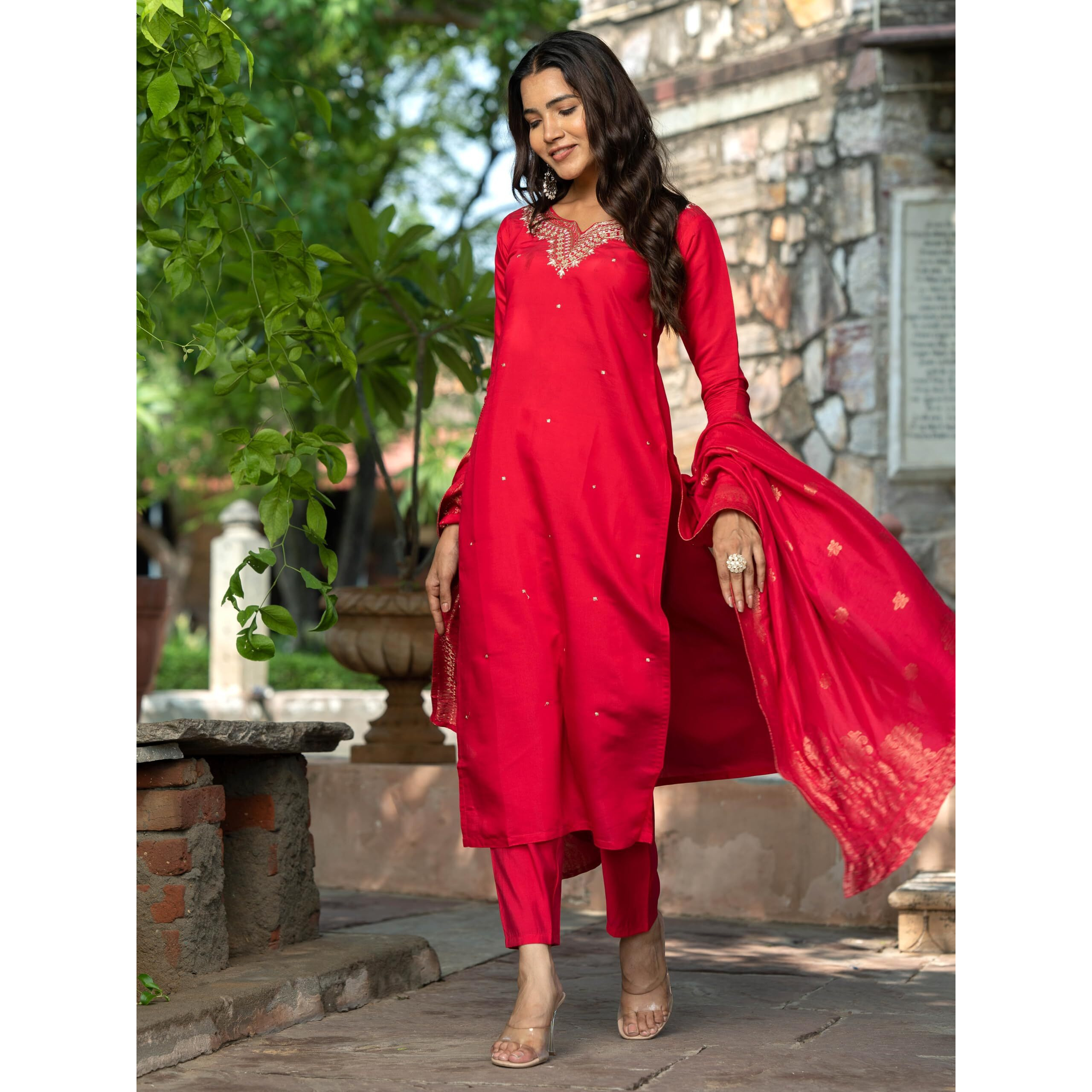 Navlik Women's Viscose Silk Embroidered Straight Kurta with Pant and Dupatta Sets (S-Ishani)