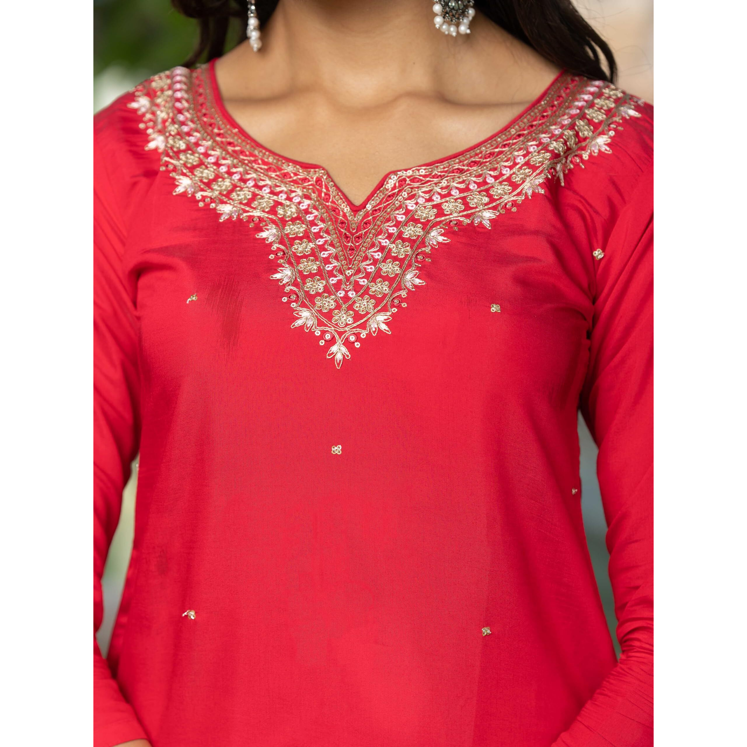 Navlik Women's Viscose Silk Embroidered Straight Kurta with Pant and Dupatta Sets (S-Ishani)