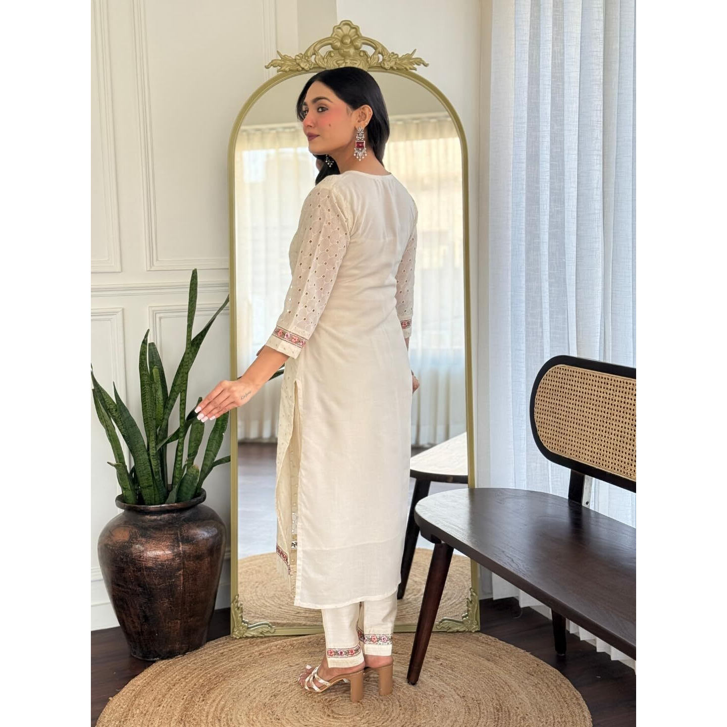Navlik Women's Cotton Blend Embroidered Straight Kurta with Pant and Dupatta Sets (NK-S-Janvi-Cream)