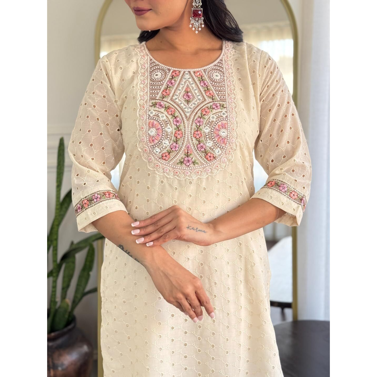 Navlik Women's Cotton Blend Embroidered Straight Kurta with Pant and Dupatta Sets (NK-S-Janvi-Cream)