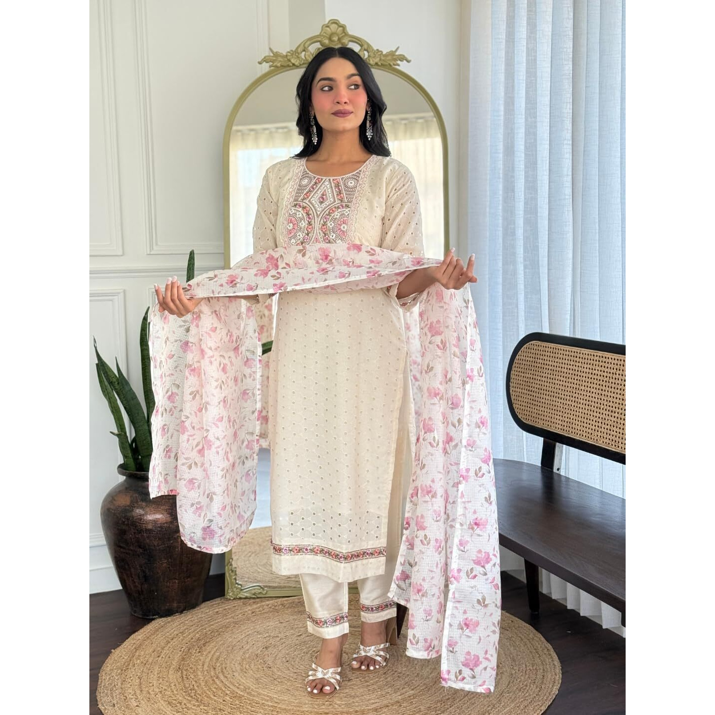 Navlik Women's Cotton Blend Embroidered Straight Kurta with Pant and Dupatta Sets (NK-S-Janvi-Cream)