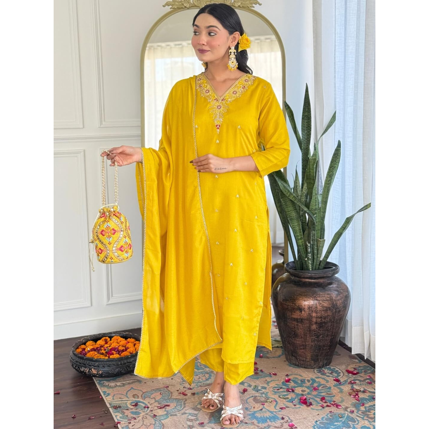 Navlik Women's Vichitra Silk Embroidered Straight Kurta with Pant and Dupatta Sets (NK-S-Jasmine)