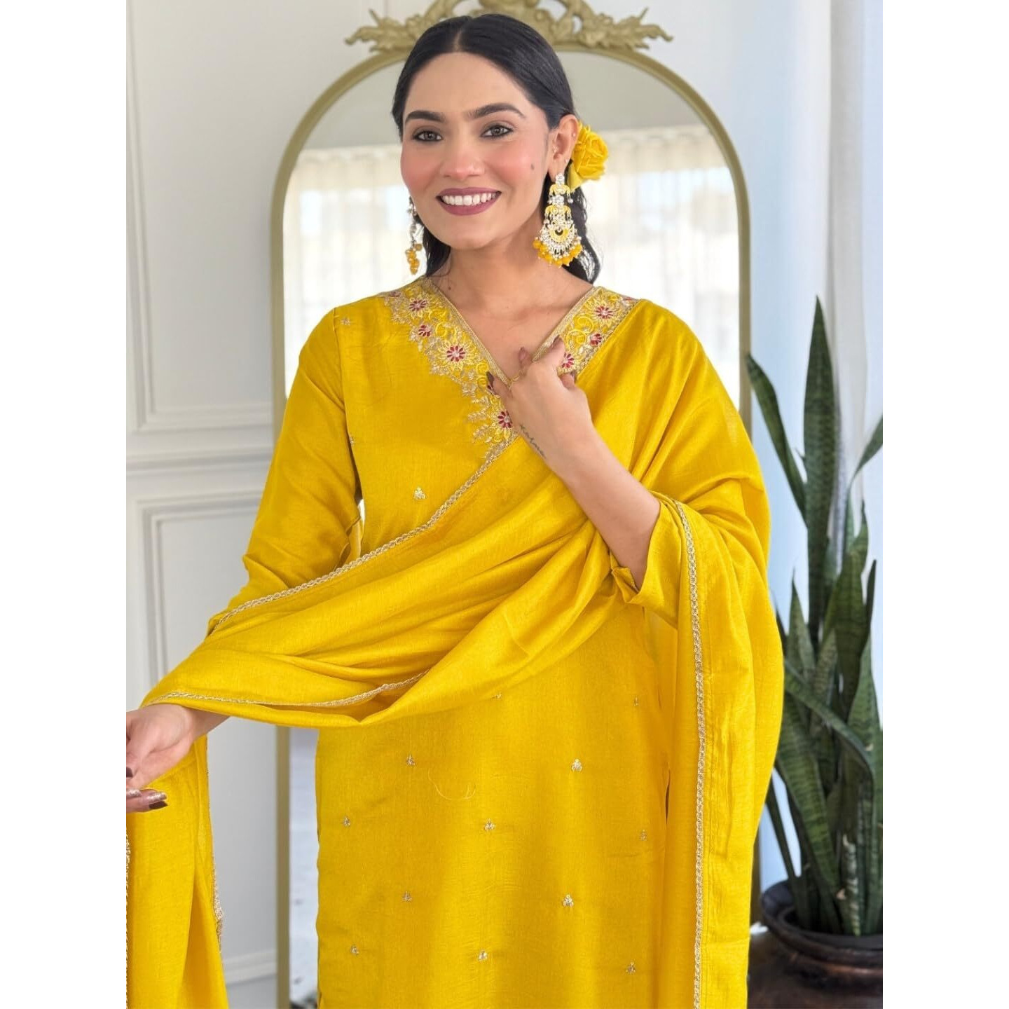 Navlik Women's Vichitra Silk Embroidered Straight Kurta with Pant and Dupatta Sets (NK-S-Jasmine)