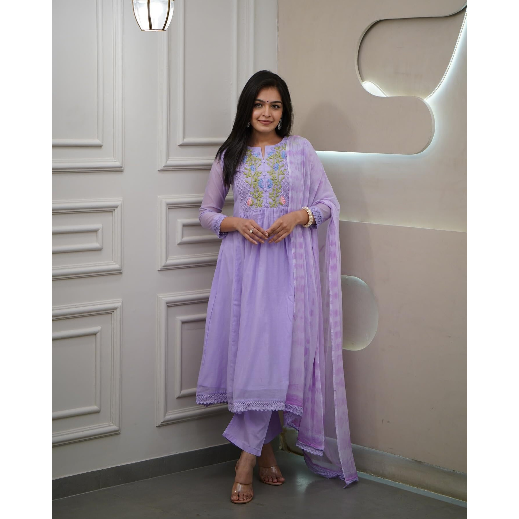 Navlik Women's Georgette Embroidered Flared Kurta with Pant and Dupatta Sets (NX-S-Jeel)