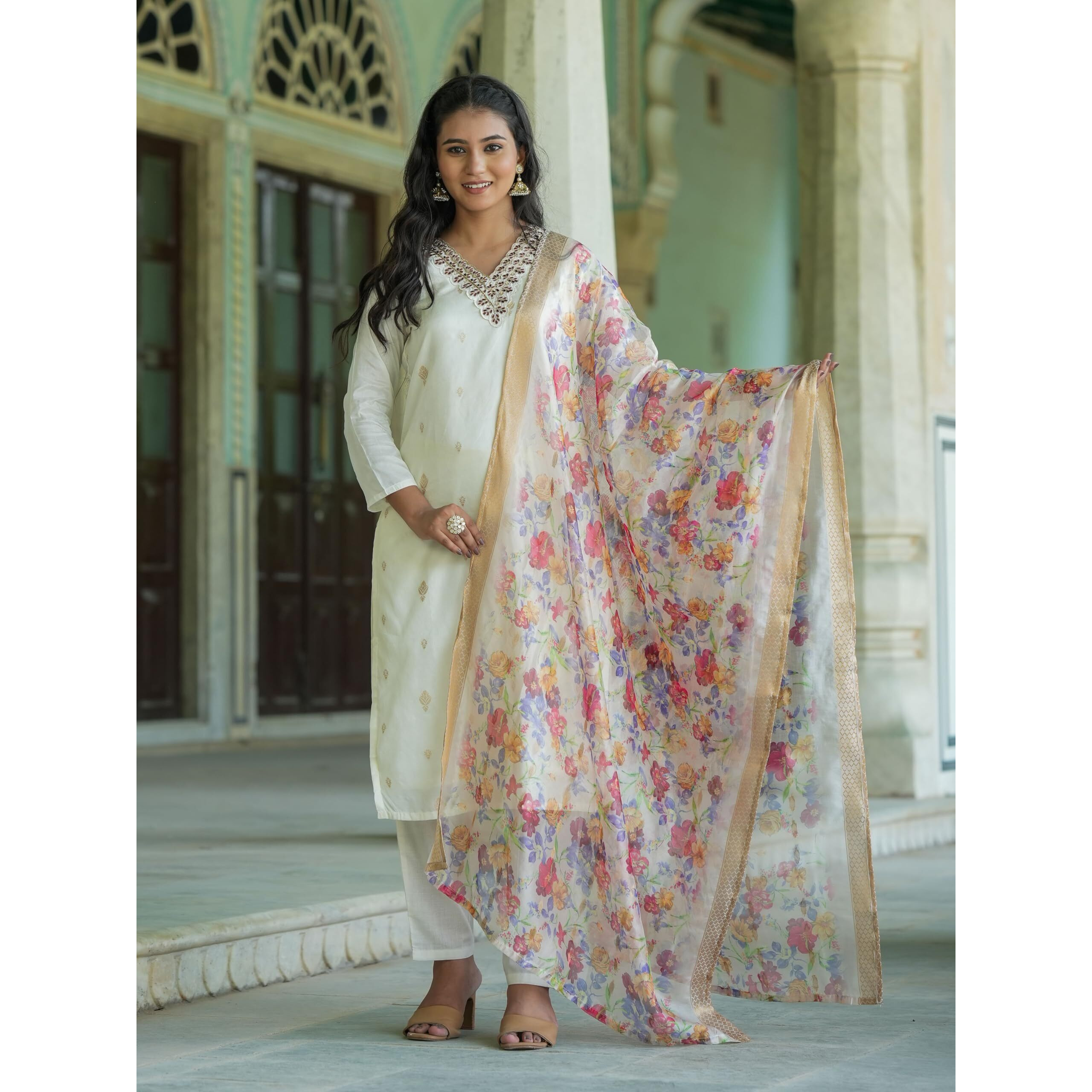Navlik Women's Viscose Embroidered Straight Kurta with Pant and Dupatta Sets (S-Julia)