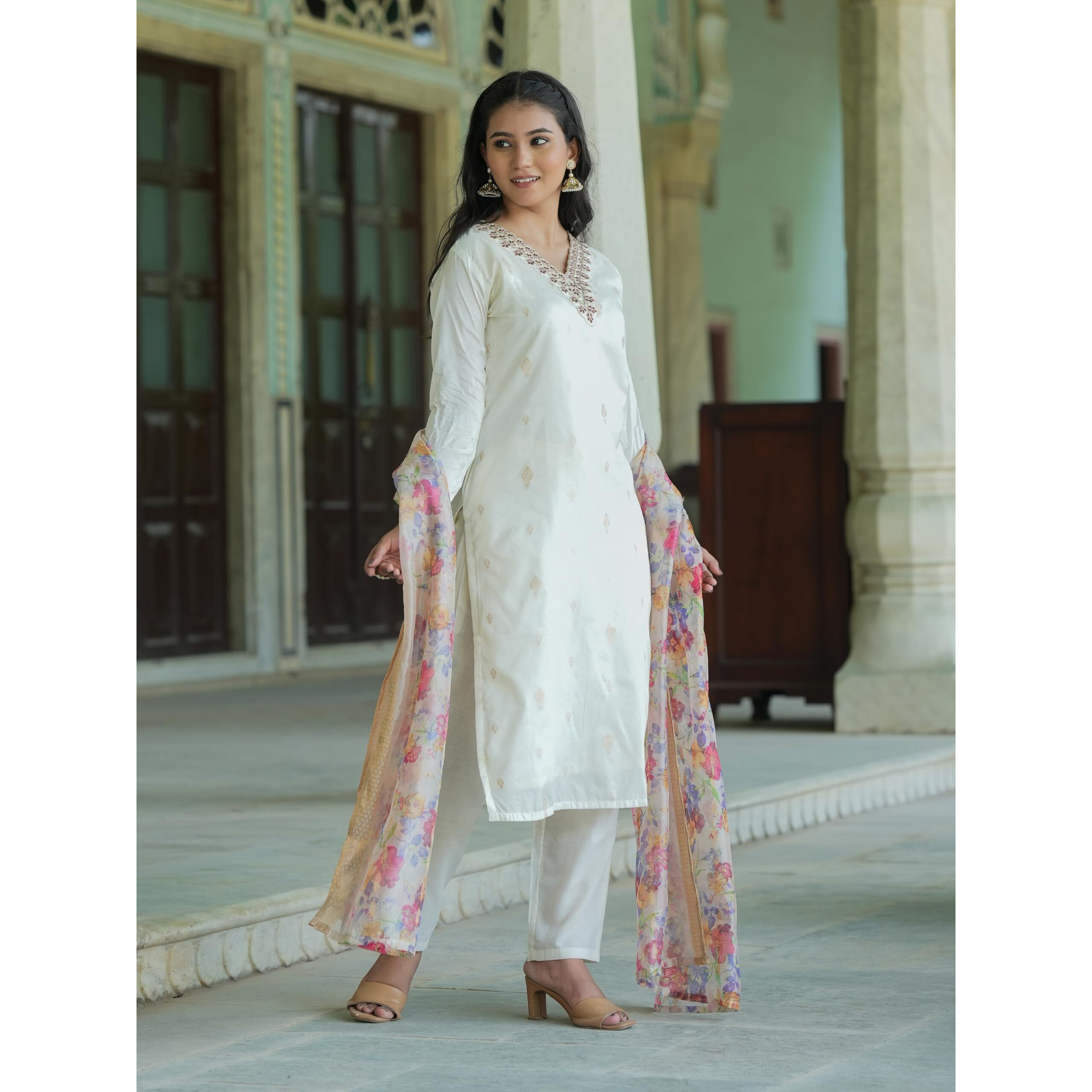 Navlik Women's Viscose Embroidered Straight Kurta with Pant and Dupatta Sets (S-Julia)