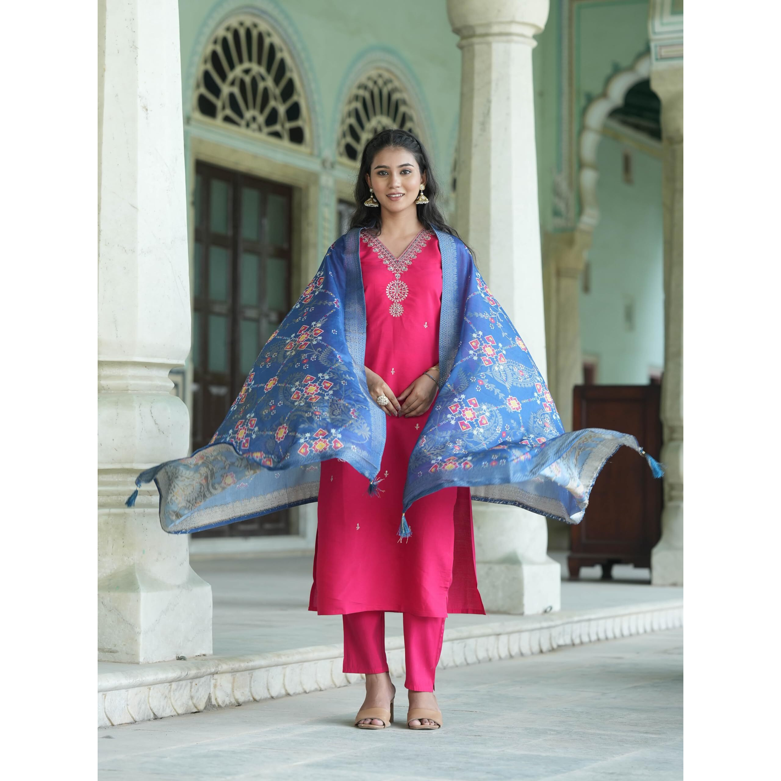 Navlik Women's Viscose Silk Embroidered Straight Kurta with Pant and Dupatta Sets (S-Kalki)