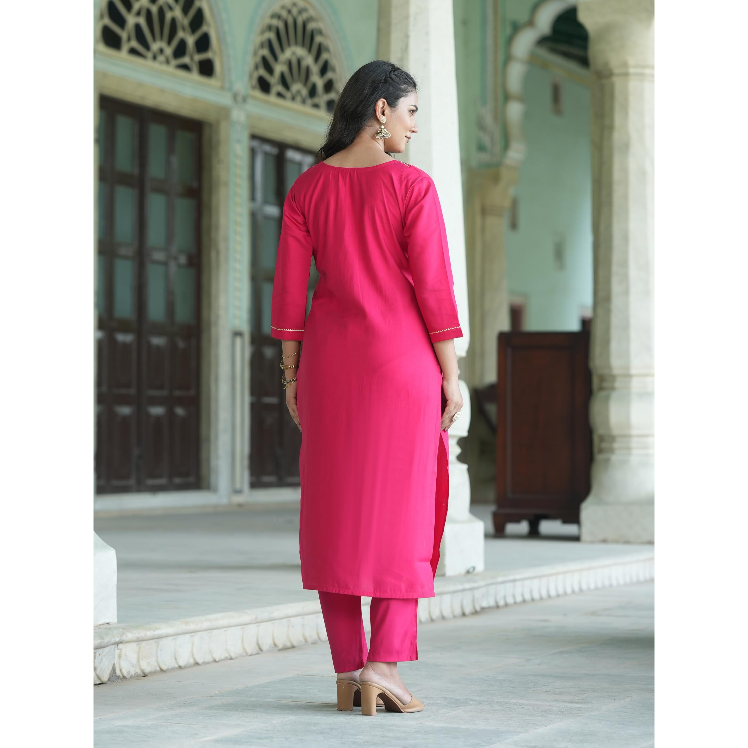 Navlik Women's Viscose Silk Embroidered Straight Kurta with Pant and Dupatta Sets (S-Kalki)