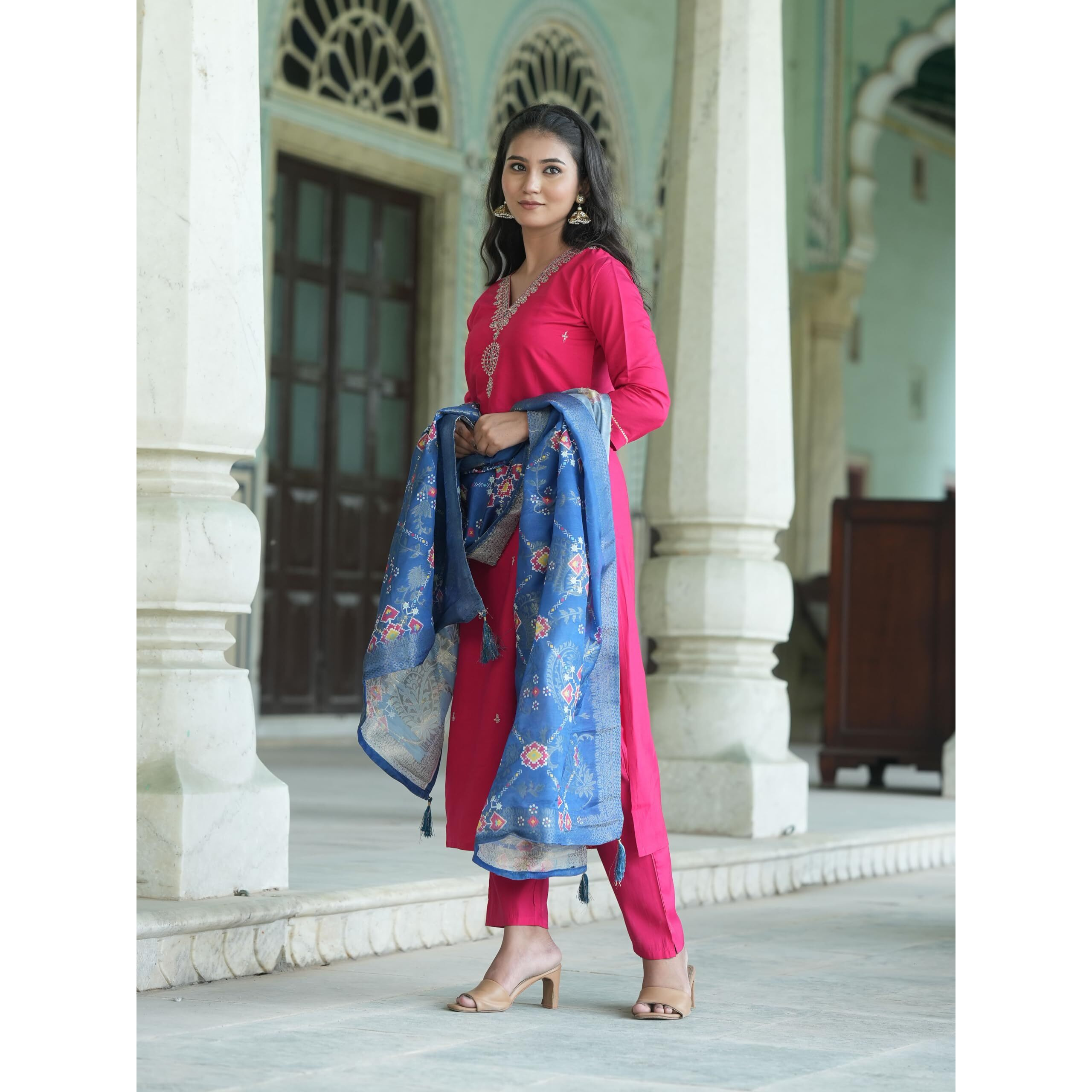 Navlik Women's Viscose Silk Embroidered Straight Kurta with Pant and Dupatta Sets (S-Kalki)