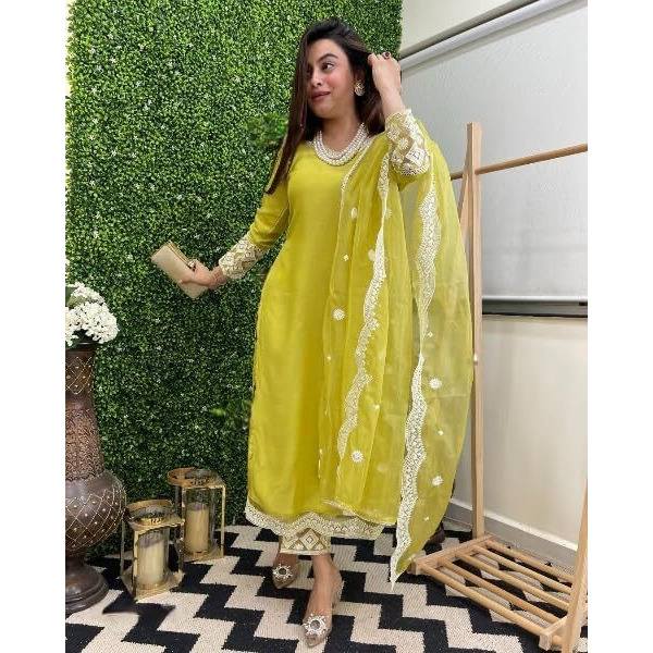 Navlik Women's Lemon Yellow Chanderi Silk Embroidered Straight Kurta with Chanderi Silk Pant and Organza Embroidered Dupatta Sets (NK-S-Kamya)