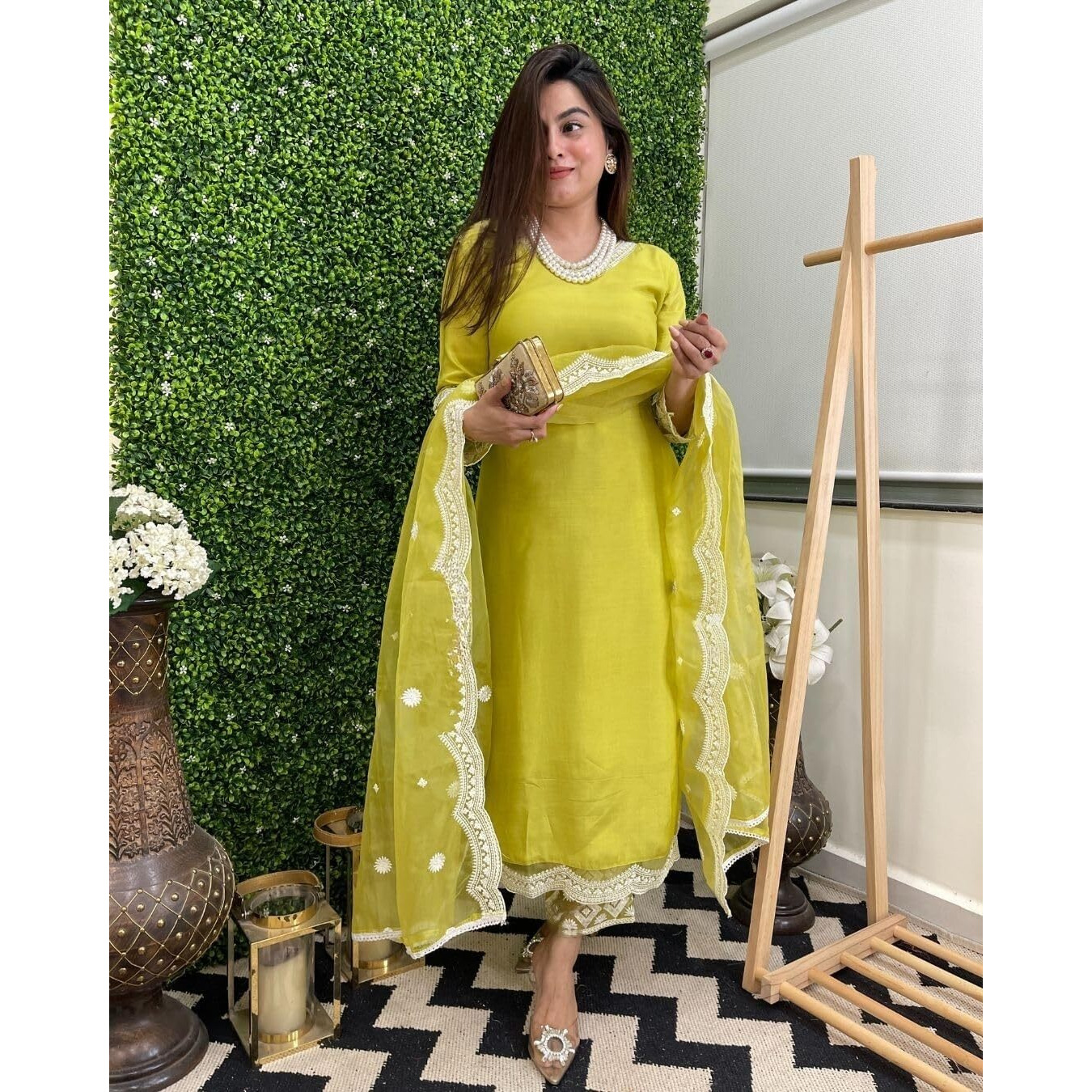 Navlik Women's Lemon Yellow Chanderi Silk Embroidered Straight Kurta with Chanderi Silk Pant and Organza Embroidered Dupatta Sets (NK-S-Kamya)