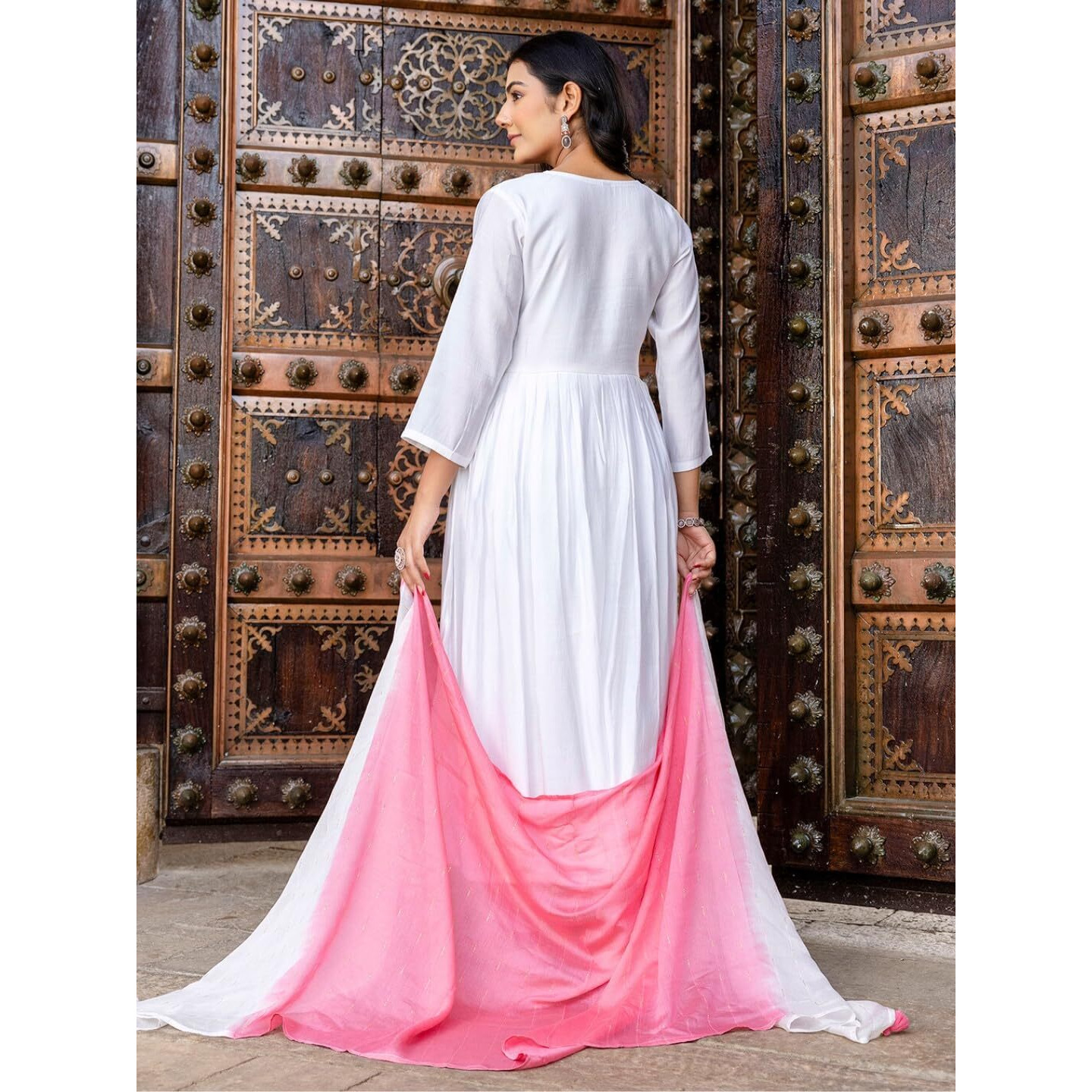 Navlik Women's Chanderi Viscose Embroidered Flared Kurta with Pant and Dupatta Sets (S-Kanika)