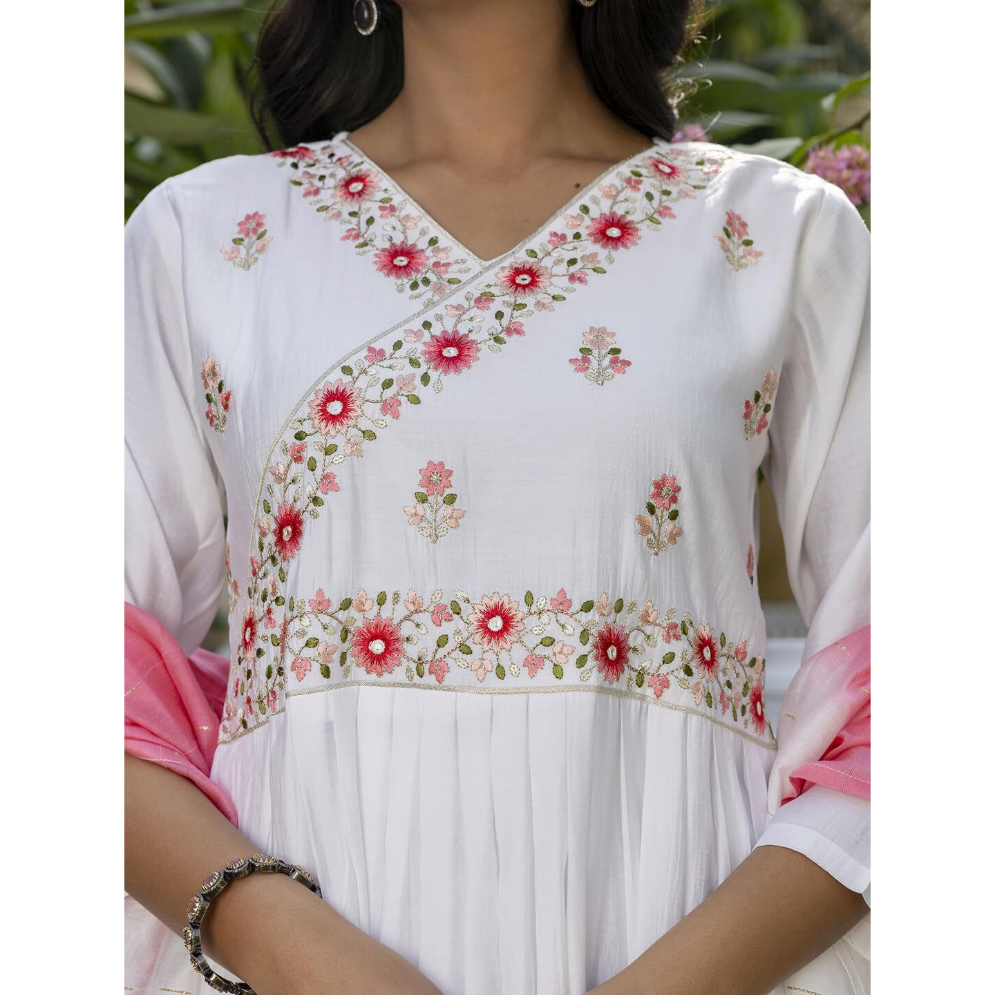 Navlik Women's Chanderi Viscose Embroidered Flared Kurta with Pant and Dupatta Sets (S-Kanika)