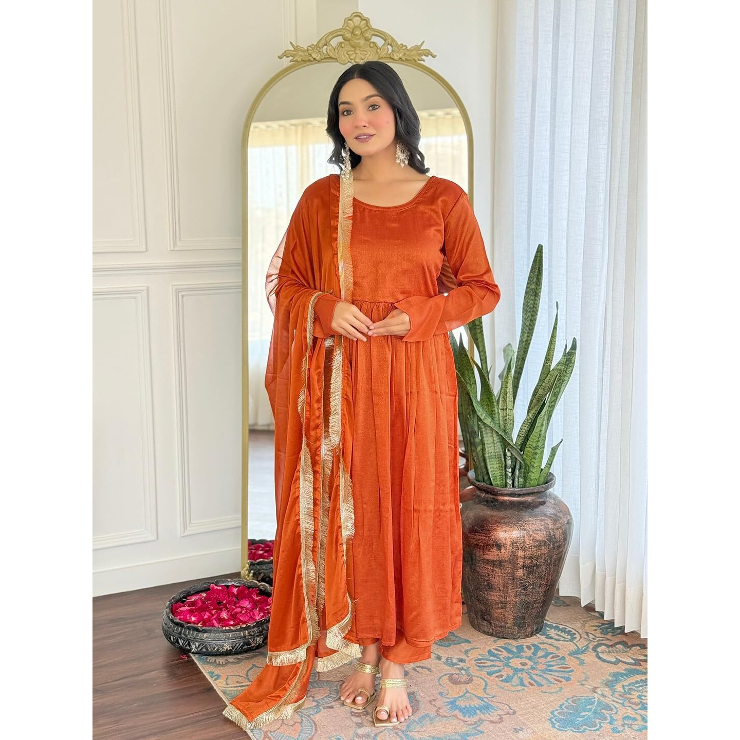 Navlik Women's Vichitra Silk Solid Flared Kurta with Pant and Dupatta Sets (NK-S-Karla-Rust)