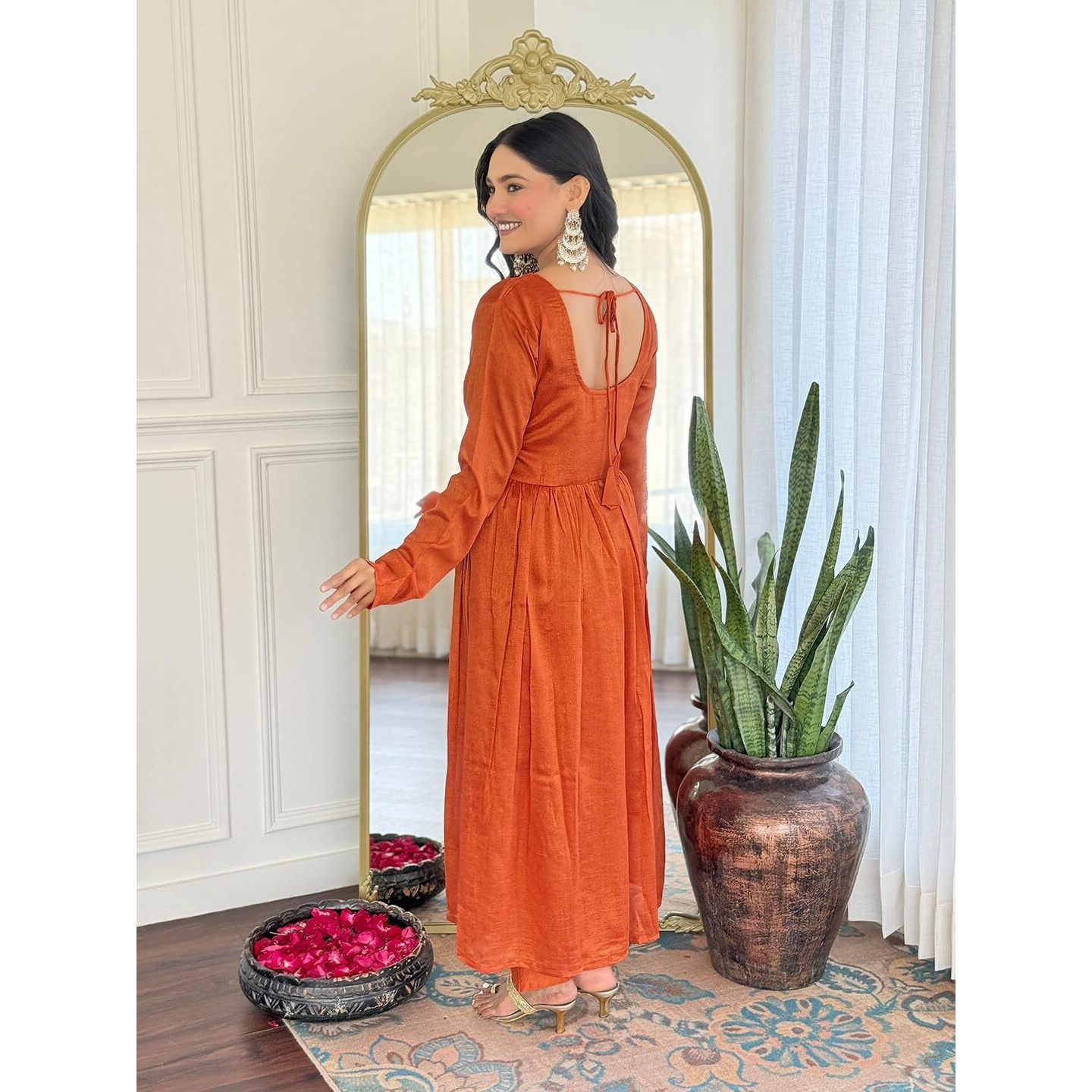 Navlik Women's Vichitra Silk Solid Flared Kurta with Pant and Dupatta Sets (NK-S-Karla-Rust)