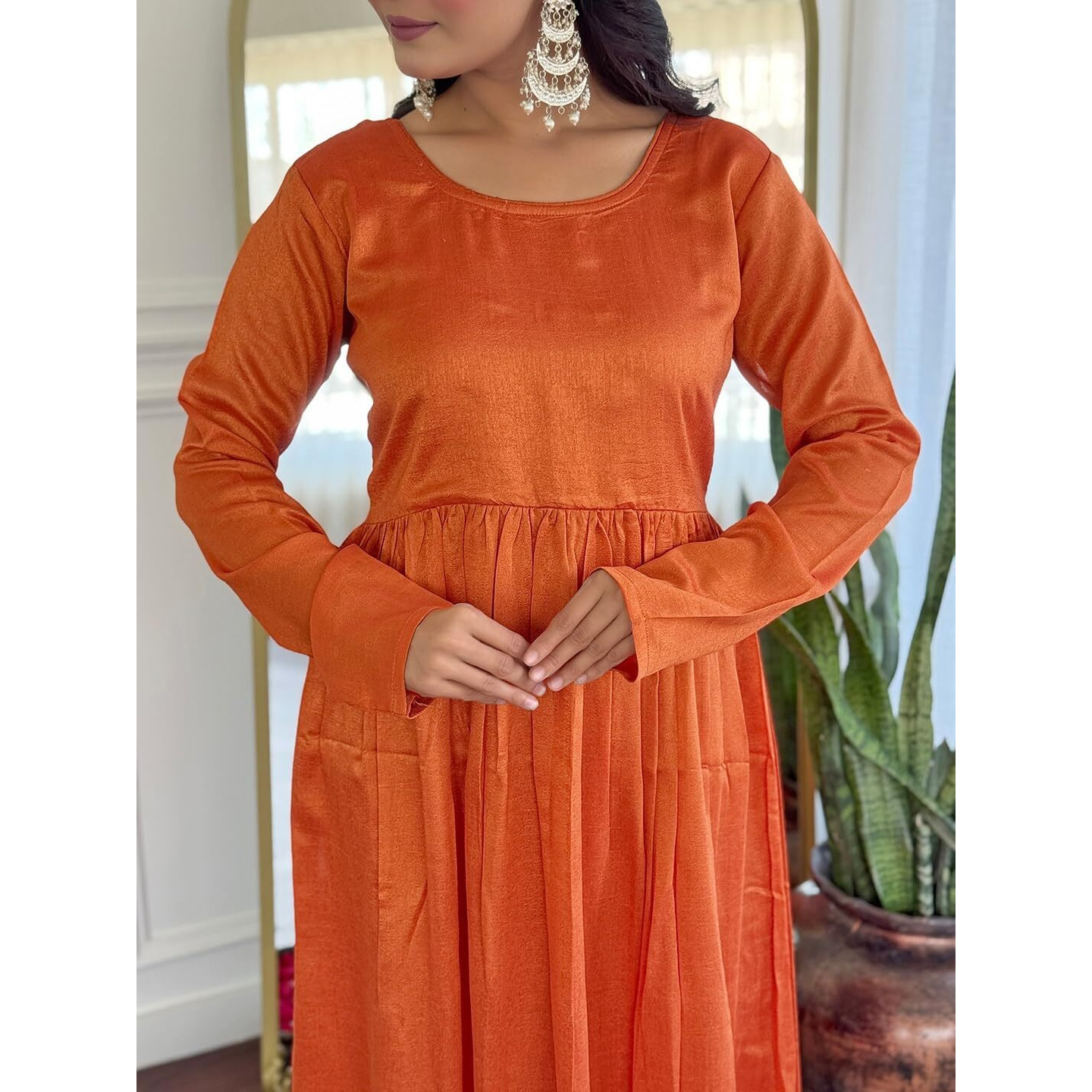 Navlik Women's Vichitra Silk Solid Flared Kurta with Pant and Dupatta Sets (NK-S-Karla-Rust)