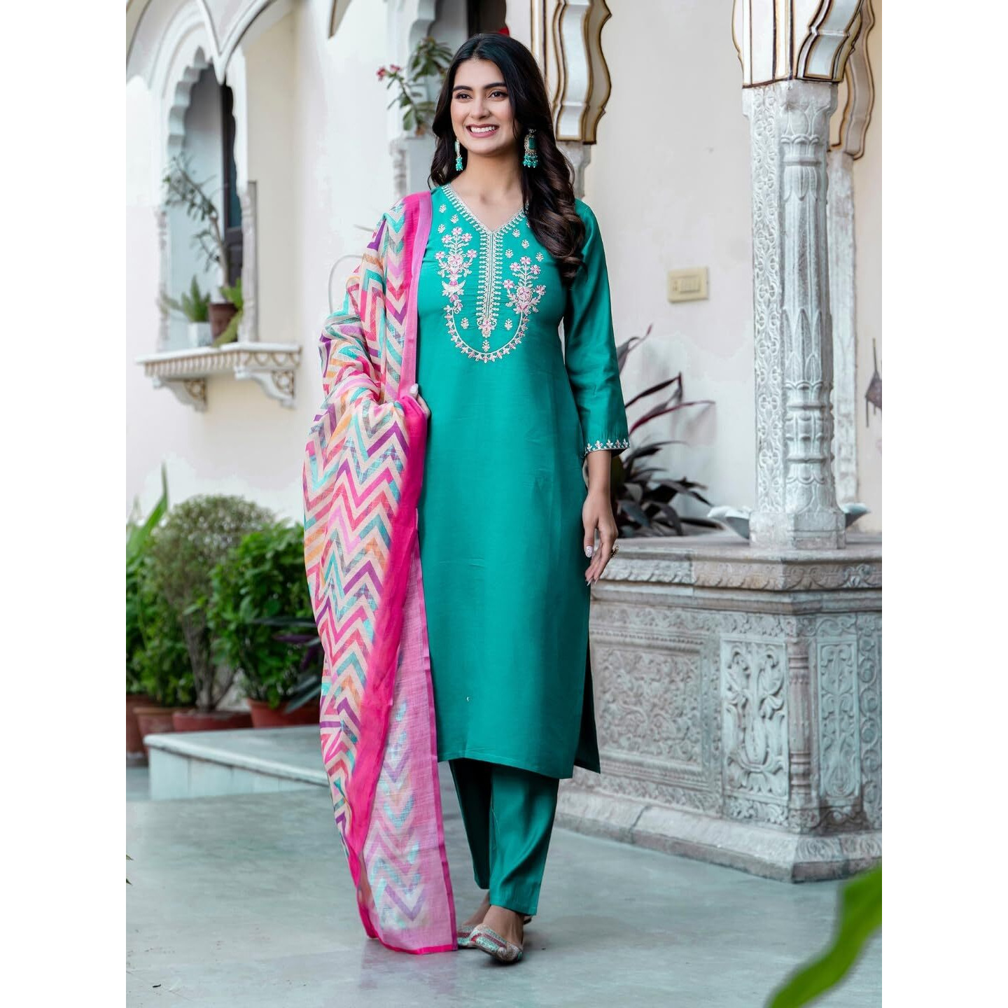 Navlik Women's Chanderi Viscose Embroidered Straight Kurta with Pant and Dupatta Sets (S-Lavina)