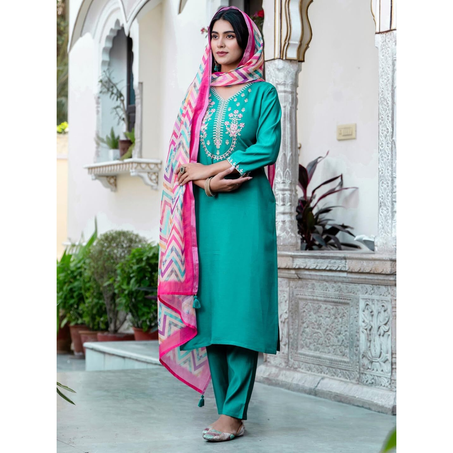 Navlik Women's Chanderi Viscose Embroidered Straight Kurta with Pant and Dupatta Sets (S-Lavina)
